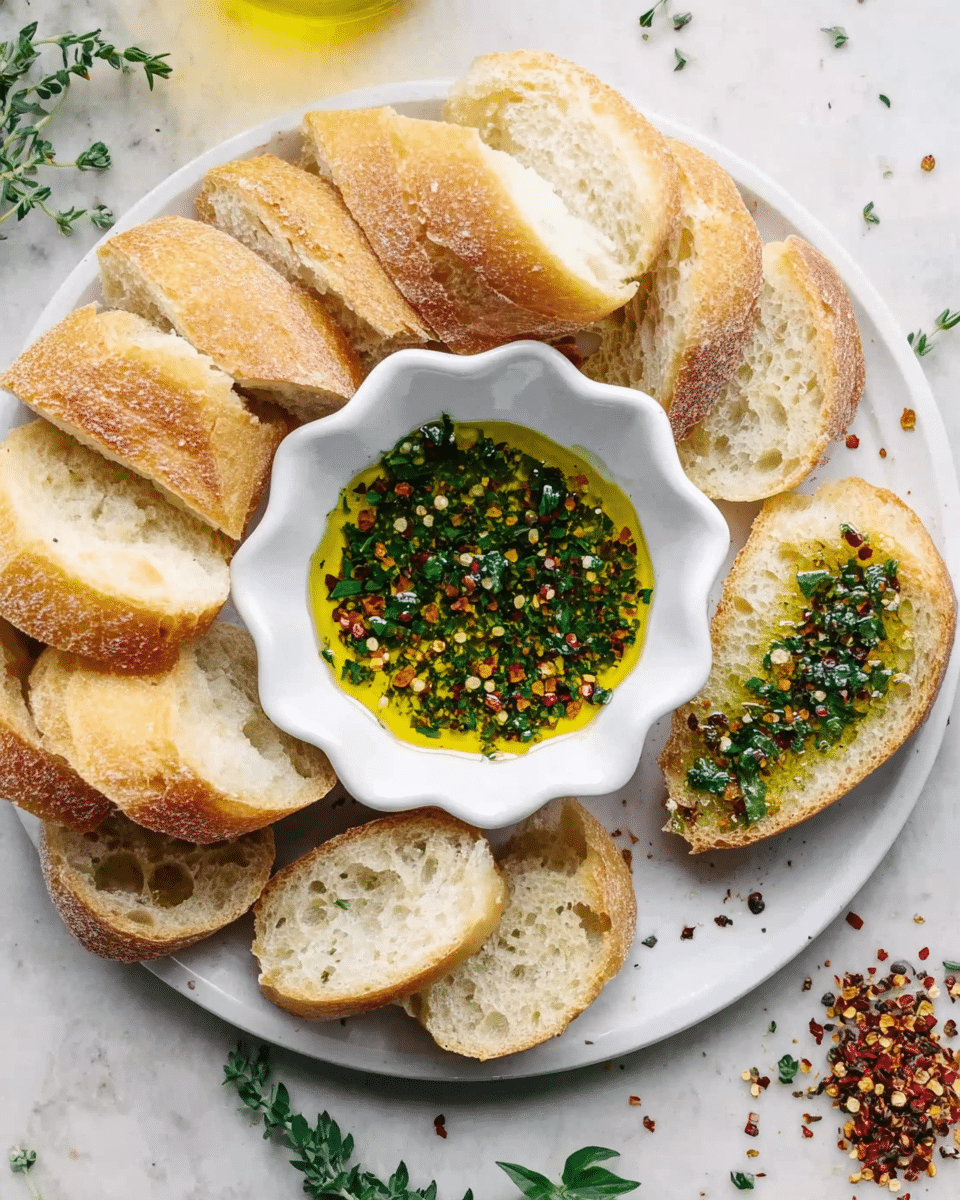 The image shows a white plate with several slices of light golden brown bread around a small white scalloped bowl in the center. The bowl holds greenish-yellow olive oil mixed with finely chopped herbs and red pepper flakes, with one piece of bread partially dipped into the oil. The plate is placed on a white marbled surface with scattered fresh green herbs and a small cluster of red pepper flakes nearby. The lighting is soft and natural, highlighting the textures of the bread crust and the glossy oil. Photo taken with an iphone --ar 4:5 --v 7