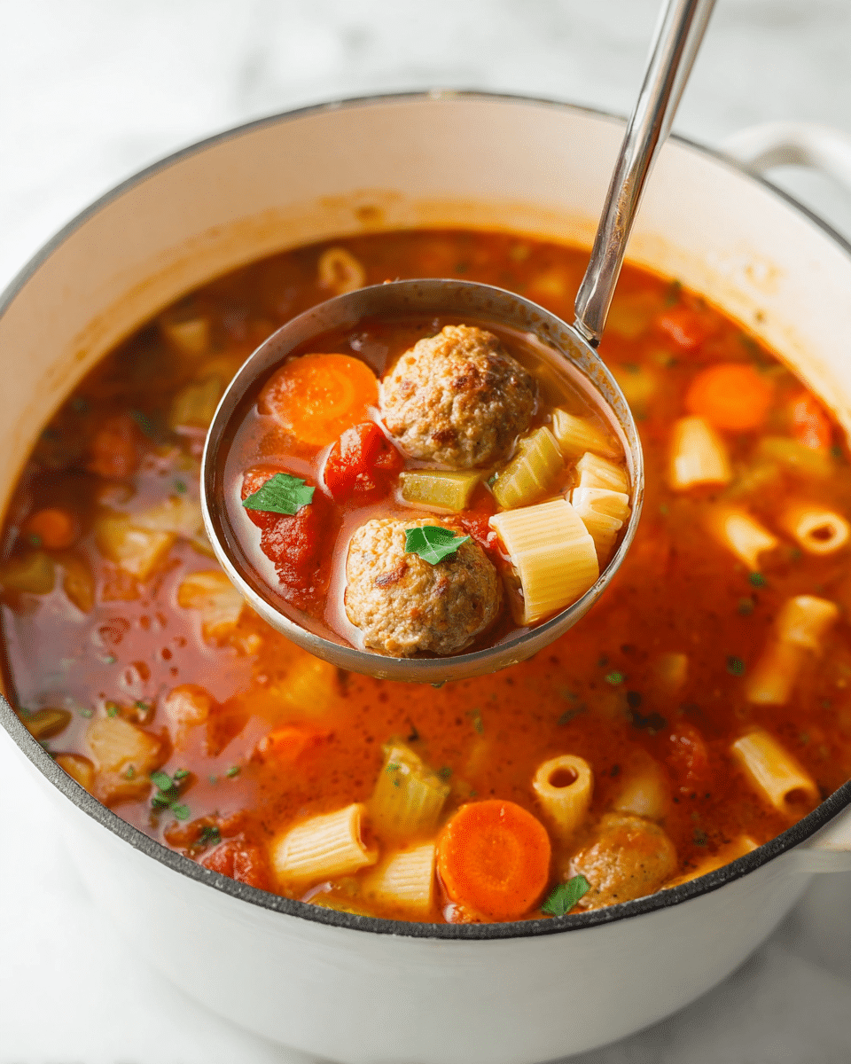 The image shows a white pot filled with a bright orange-red broth. Inside the broth, there are meatballs, round orange carrot slices, pale yellow celery pieces, small white pasta wheels, and chunks of red tomato. A metal ladle is lifted above the pot, holding one meatball, several carrot slices, celery, pasta, and tomato pieces, all topped with a small green herb leaf. The pot sits on a white marbled surface. The photo taken with an iphone --ar 4:5 --v 7