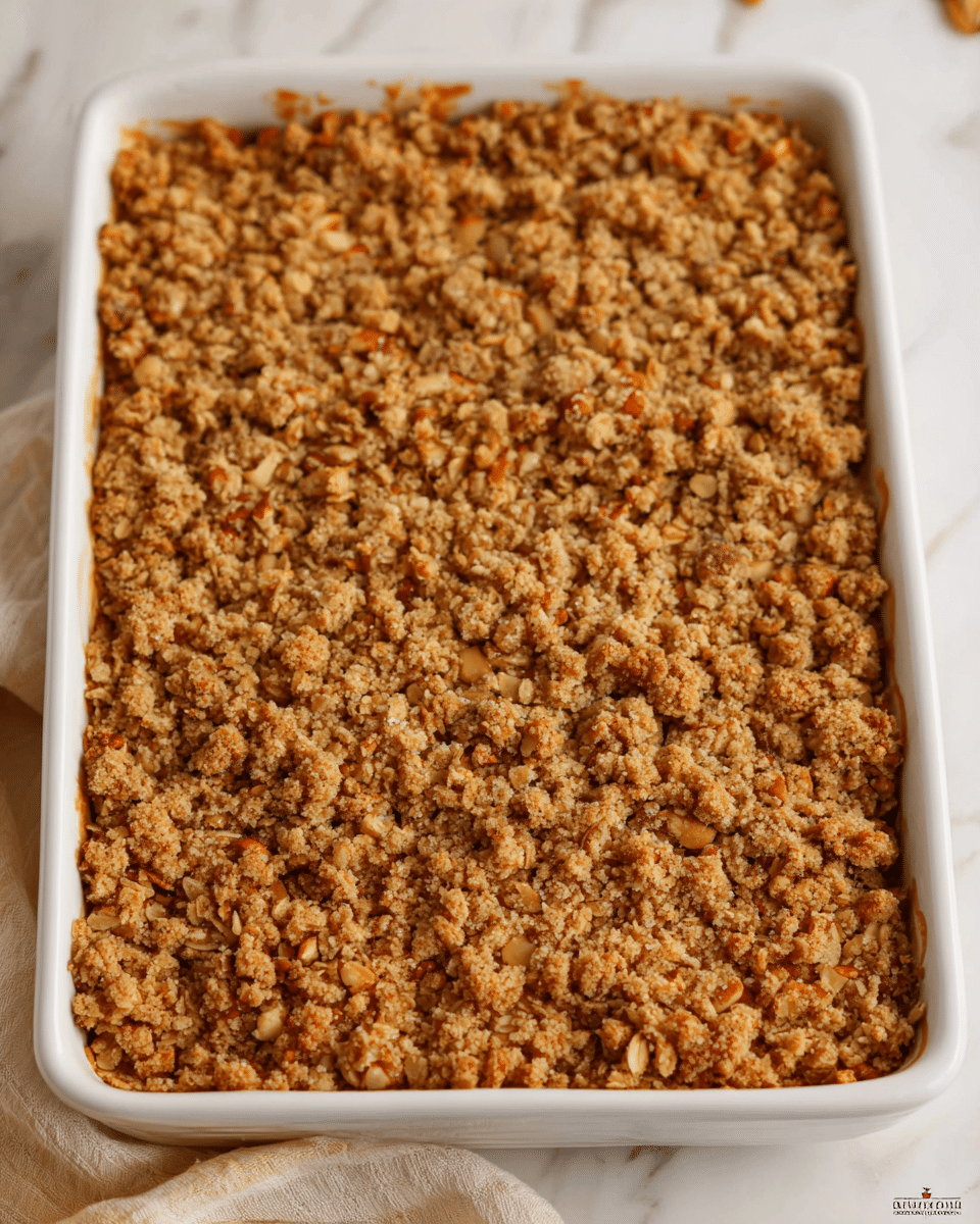 The image shows a white rectangular baking dish filled with a crumbly, golden-brown topping that covers the entire surface evenly. The topping has a rough texture made of small and medium-sized clumps mixed with visible oats and bits of nuts, creating a rustic, crunchy look. The dish is placed on a white marbled surface and a small part of a beige or cream-colored cloth is visible at the bottom. The crumb topping looks baked to a perfect golden color with a slightly uneven, natural pattern. photo taken with an iphone --ar 4:5 --v 7