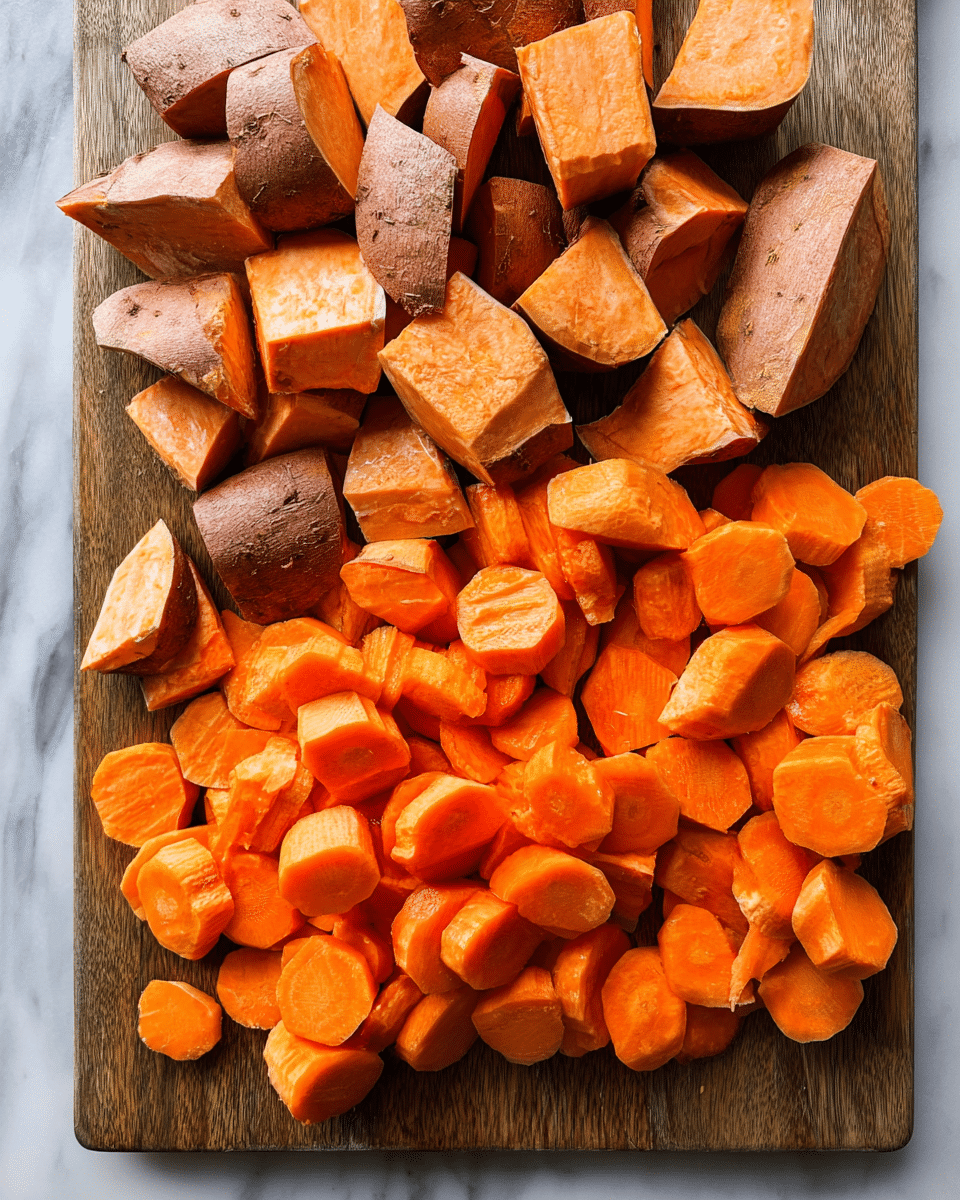 The image shows a wooden cutting board on a white marbled surface, filled with chopped vegetables. On the top half, there are several rough-cut pieces of sweet potato with brown-orange skin and bright orange flesh showing thick, uneven shapes. The bottom half features peeled carrot slices with vibrant orange color in various rounded, oval shapes. The contrast between the smooth carrot pieces and the rougher sweet potato chunks creates a natural, fresh look. photo taken with an iphone --ar 4:5 --v 7