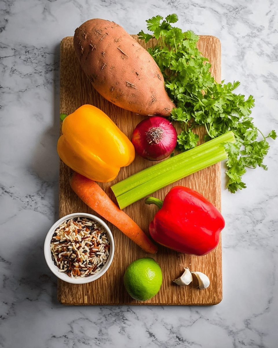 The image shows a wooden cutting board placed on a white marbled surface, holding an assortment of fresh ingredients. On the board, there is a large sweet potato at the top right, with fresh green cilantro leaves behind it toward the top left side. Below the cilantro, there is a half red onion, next to a bright yellow bell pepper near the center right. A long celery stalk and a carrot are laid diagonally across the board from the bottom left to the middle. A shiny green lime is placed near the bottom left, above a small white bowl filled with a mix of wild rice grains at the bottom left corner. A smooth red bell pepper is positioned near the carrot, with a single small garlic clove resting next to it. The whole setup is neatly arranged and brightly lit, capturing the fresh colors and textures of the vegetables and rice. Photo taken with an iphone --ar 4:5 --v 7