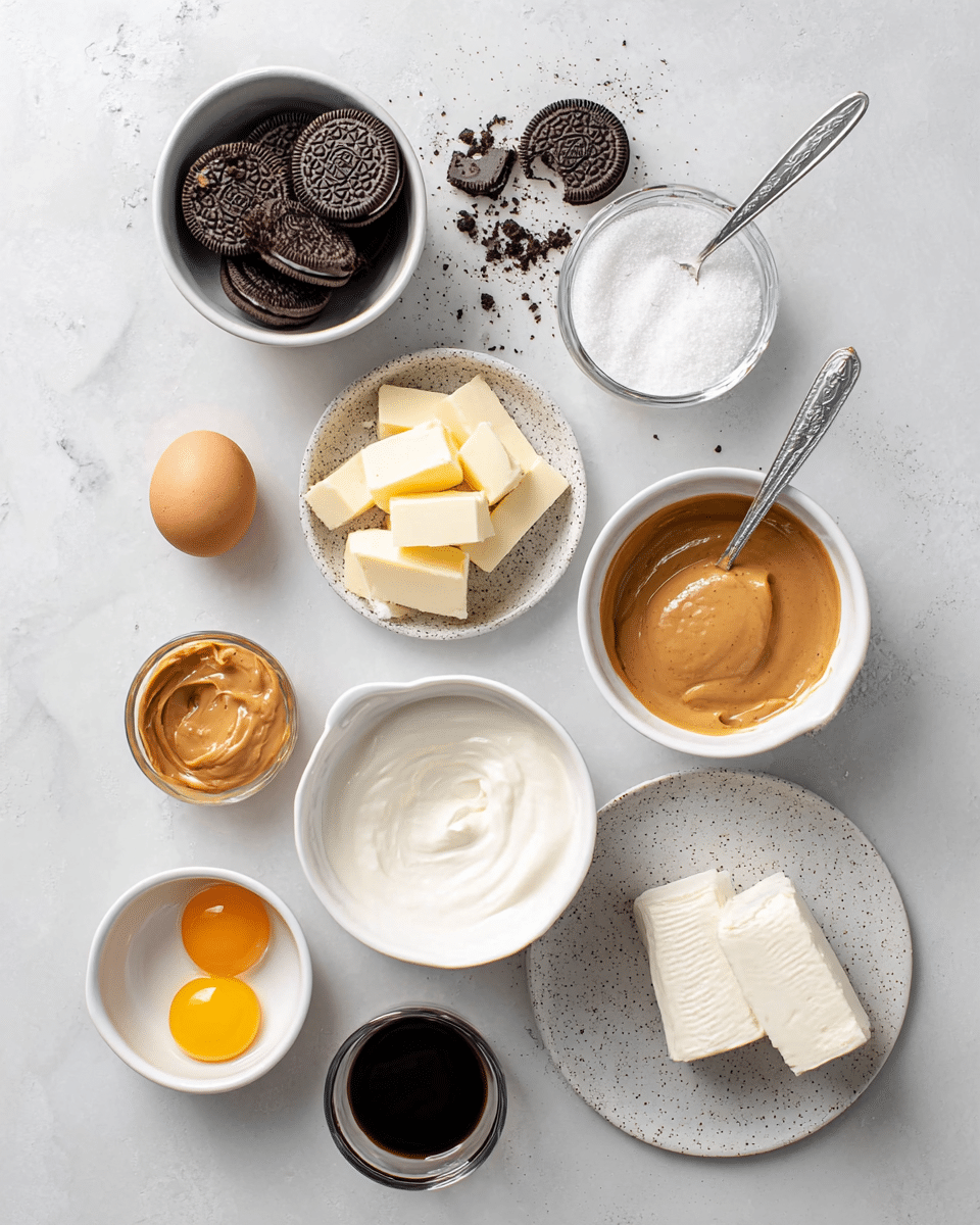 The image shows several small white bowls and dishes arranged on a white marbled surface, each holding different ingredients. Starting from the top left is a white bowl filled with whole chocolate sandwich cookies, beside it on the right is a small white bowl with granulated sugar. Below the sugar is another small white speckled dish with chunks of butter. To the left of the butter dish is a white bowl filled with smooth white cream. Below the cream is a white bowl with two raw eggs and next to it are broken eggshell halves. At the center bottom is a white speckled bowl holding two blocks of cream cheese. Between the cream and cream cheese is a small white bowl filled with a light brown, creamy peanut butter mixture with a silver spoon. To its right is a tiny glass bowl with a dark brown liquid, likely vanilla extract. Scattered cookie crumbs lie near the top of the frame. The setup is bright and clean, with clear focus on each ingredient. Photo taken with an iphone --ar 4:5 --v 7