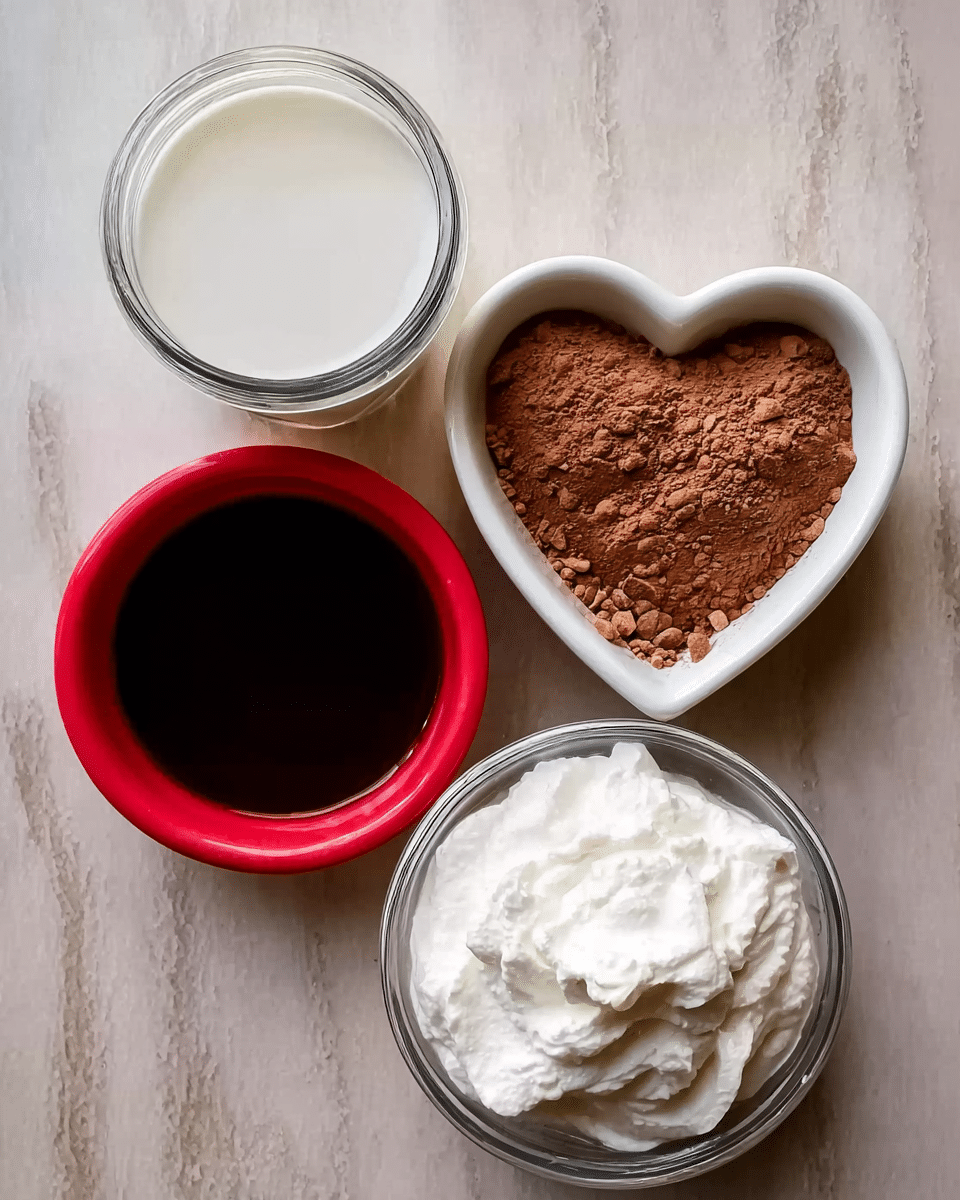 The image shows four small containers arranged on a white marbled surface. At the top left, there is a clear glass cup filled with milk. To its right, a white heart-shaped bowl holds a brown cocoa powder mixed with small peanut pieces. Below the milk, a small red bowl contains a smooth dark liquid. At the bottom right, a clear glass bowl is filled with thick, white whipped cream that has a soft, fluffy texture. The containers are neatly placed close together, with the white marbled surface visible around them. photo taken with an iphone --ar 4:5 --v 7