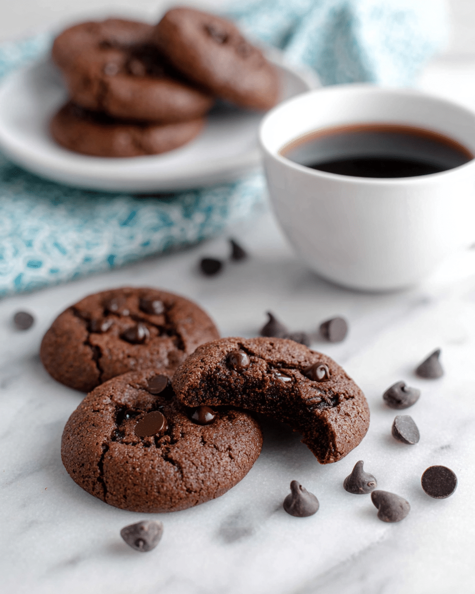 The image shows four soft chocolate cookies with dark chocolate chips, three lying flat and one broken in half to reveal a moist inside, scattered on a white marbled surface. Behind them, there is a white plate with three more cookies resting on a blue patterned fabric. To the right, a white cup filled with black coffee completes the scene. Around the cookies on the surface, several dark chocolate chips are scattered loosely. The overall setting is bright and clean with a soft focus on the background, highlighting the rich brown color and texture of the cookies. photo taken with an iphone --ar 4:5 --v 7