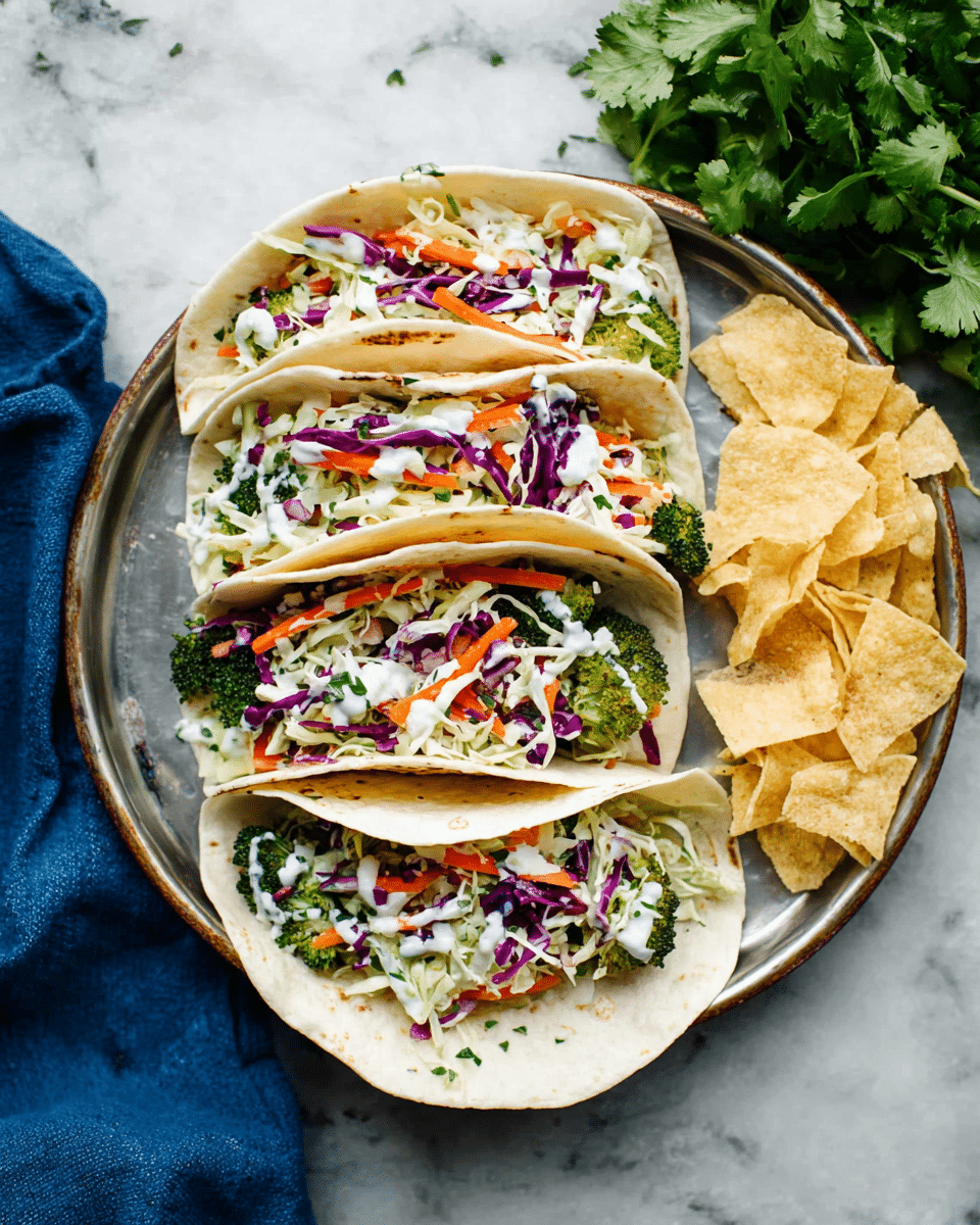 The image shows four soft white tortillas arranged side by side on a round silver tray. Each tortilla is filled with a bottom layer of green roasted broccoli pieces, topped with shredded white cabbage, thin strips of purple cabbage, and small orange carrot pieces. There is a drizzle of white creamy sauce with green herbs over the vegetables in each taco. On the right side of the tray, there are some crispy tortilla chips. The background has a white marbled texture, and there is a bunch of fresh green cilantro nearby. A blue cloth is placed to the upper left of the tray. Photo taken with an iphone --ar 4:5 --v 7