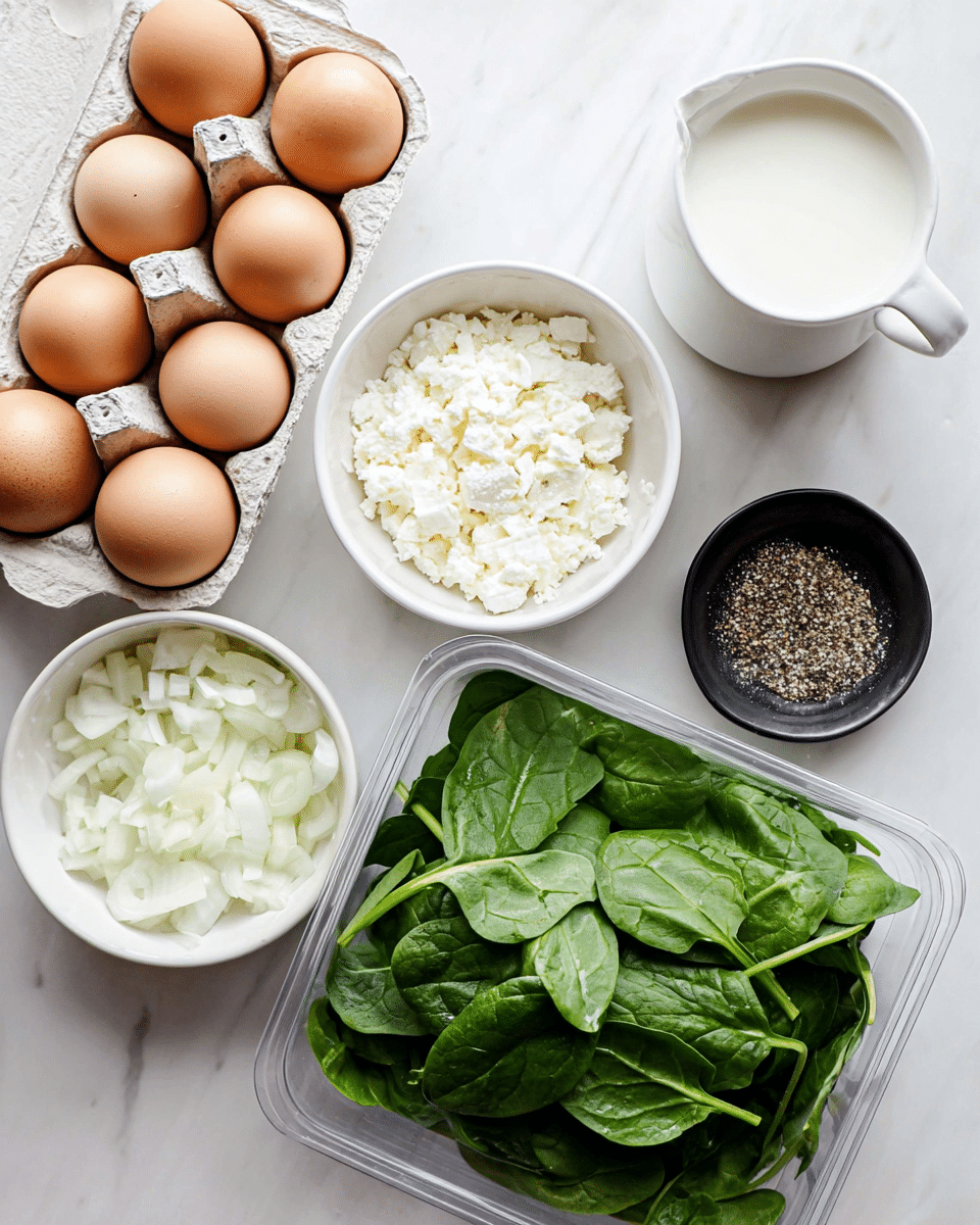 The image shows fresh cooking ingredients arranged on a white marbled surface, including a clear plastic container filled with bright green fresh spinach leaves in the bottom right corner. Above the spinach, there is a small white bowl filled with white crumbled cheese, next to another white bowl with chopped white onions. To the top left, a carton holds eight brown eggs. Next to the eggs is a white cup filled with milk. On the top right side, there is a small black dish with white salt and black pepper mixed together, creating a contrast with the other light-colored items. photo taken with an iphone --ar 4:5 --v 7