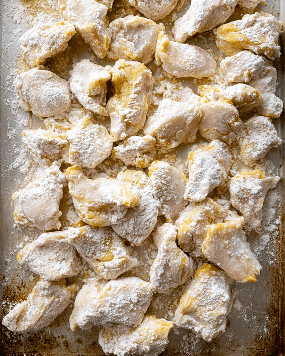 The image shows many pieces of raw chicken coated in a thick layer of white flour, spread out unevenly on a metal baking tray. The chicken pieces are irregular in shape and size with visible yellowish skin beneath the flour coating. The tray’s surface has light brown spots and a slightly worn texture, adding to the rustic look. There is no other food or decoration around, with the focus entirely on the flour-covered chicken pieces. photo taken with an iphone --ar 4:5 --v 7