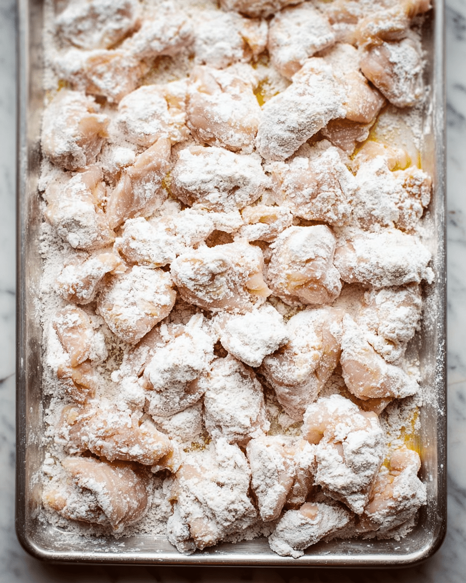 The image shows many small pieces of raw chicken coated thickly with white flour, spread closely together on a metal tray. The chicken pieces are light pink underneath the flour, and the white flour powder dusts the entire surface unevenly, creating a rough texture. The tray itself has a silver color and some slight marks, holding the chicken pieces in a single layer. The background is a white marbled surface. photo taken with an iphone --ar 4:5 --v 7