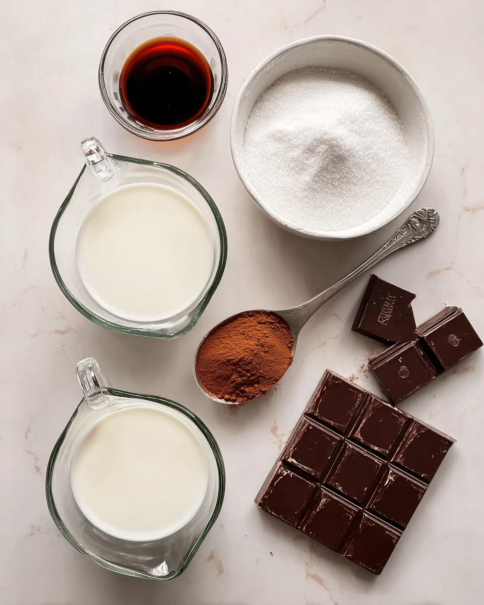 The image shows seven baking ingredients arranged neatly on a white marbled surface. In the top right, there is an unwrapped block of dark chocolate with several square pieces, showing a shiny and smooth texture. Below the chocolate, a metal spoon holds a scoop of cocoa powder with a reddish-brown color. To the left of the spoon are two glass measuring cups filled with white milk, showing a smooth, liquid surface. Above the cups, a round white bowl is filled with fine white sugar, showing a grainy texture. At the top left, a small glass bowl contains a dark liquid, likely vanilla extract. The setup is clean and well-lit, focusing on the ingredients individually. photo taken with an iphone --ar 4:5 --v 7