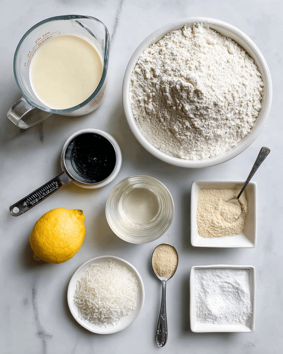 The image shows several baking ingredients arranged neatly on a white marbled surface. At the top left, there is a clear glass measuring cup filled with a light cream liquid, next to a small white bowl holding a black measuring cup. To the right, a large bowl is filled with white flour piled high with a slightly uneven surface texture. Below, there is a half lemon with a bright yellow color, a small white bowl of white shredded coconut, and another white bowl containing a light tan granular substance, likely sugar. A metal measuring spoon filled with a clear liquid rests on a small white plate, flanked on the right by a small white spoon holding a beige powder and a square white dish with two different white powders. The arrangement and colors give a clean and organized look. Photo taken with an iphone --ar 4:5 --v 7