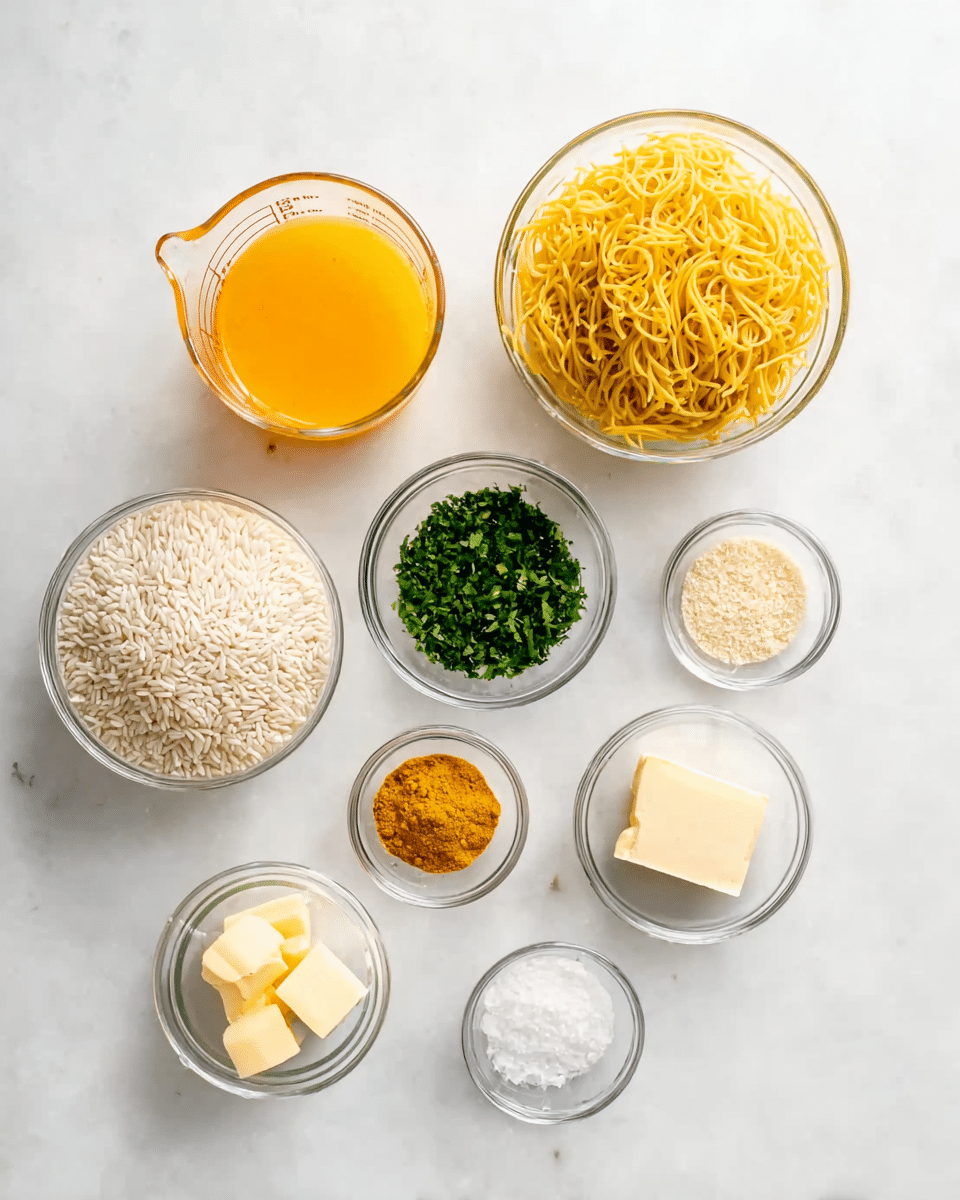 The image shows several clear glass bowls and a measuring cup arranged on a white marbled surface. At the top left is a glass measuring cup filled with orange-yellow liquid. To the right of it, there is a bowl filled with thin, yellow pasta noodles. Below the measuring cup, a bowl contains finely chopped green herbs. In the center, a bowl is filled with white rice grains. Surrounding these are smaller bowls: one with a light yellow powder, one with an orange-yellow powder, one with small minced white pieces, one with a cube of pale yellow butter, and one with white granulated salt. The bowls are arranged neatly with the larger ones at the top and center, and smaller ones below. photo taken with an iphone --ar 4:5 --v 7