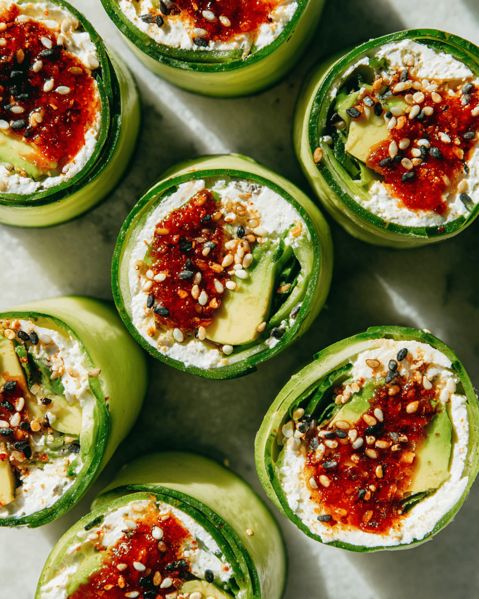 The image shows several cucumber rolls on a white marbled surface. Each roll has a thin green cucumber outer layer that is smooth and shiny. Inside, there is a white creamy cheese layer, a light green avocado layer, and a bright red sauce in the center topped with black and white sesame seeds and small bits of spices. The rolls are cut to reveal their round shape and colorful inside layers, arranged closely together with natural light highlighting their fresh texture. photo taken with an iphone --ar 4:5 --v 7