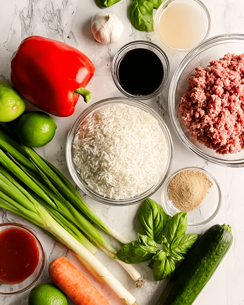 The image shows several fresh cooking ingredients neatly arranged on a white marbled surface. In the center, a clear glass bowl is filled with uncooked white rice. To the right, another clear glass bowl holds raw ground meat with a pink color. Fresh green vegetables like long green onions and a cucumber are placed horizontally near the center. A bright red bell pepper, two whole green limes, a bunch of fresh basil leaves, a whole garlic bulb, and a carrot add color and variety. Small clear glass bowls containing dark soy sauce, brown sugar, and a pale liquid are also included. A small bowl of red sauce is visible on the side. The overall look is clean and fresh, with ingredients spread out for easy viewing. Photo taken with an iphone --ar 4:5 --v 7