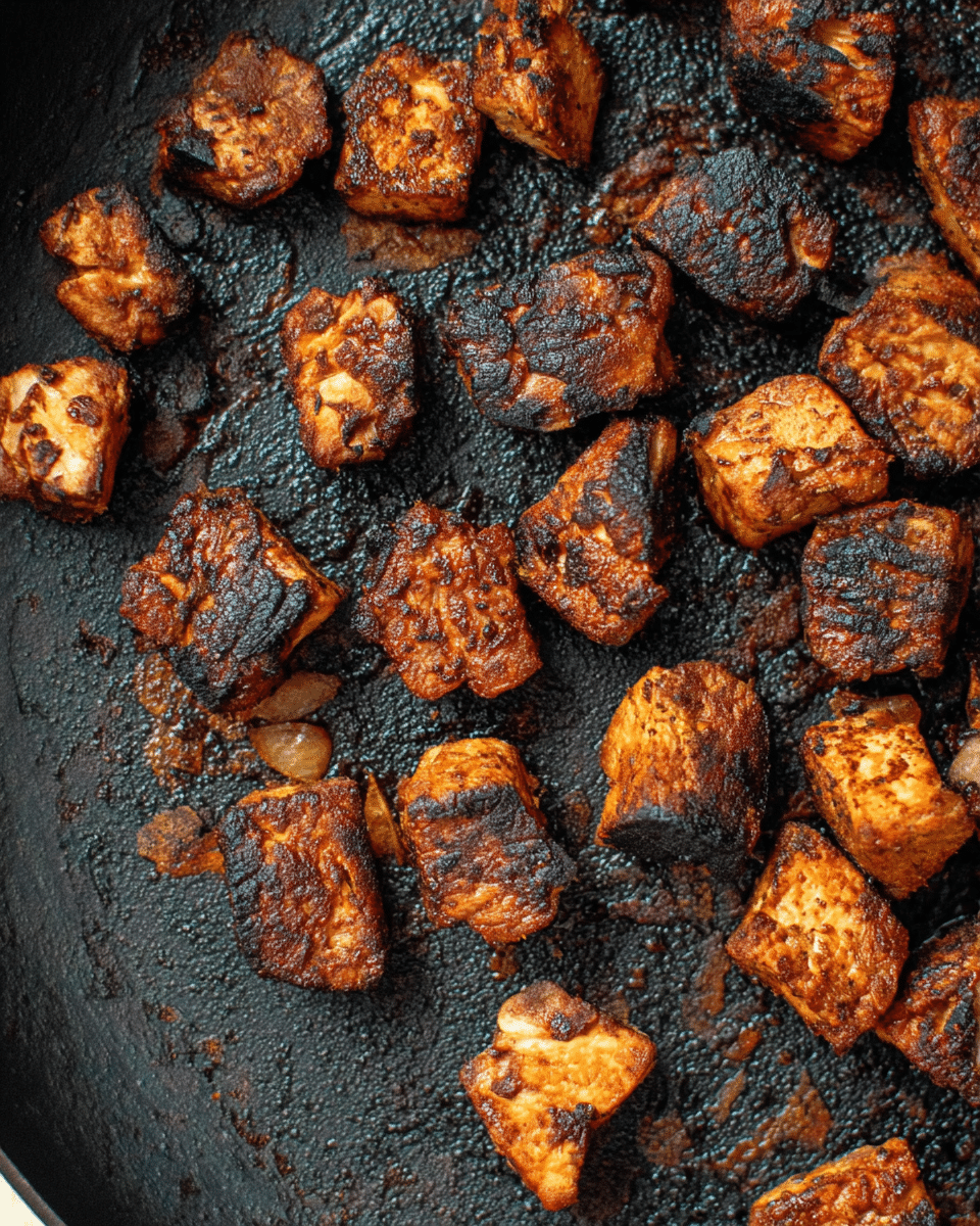 The image shows several pieces of grilled food with a charred texture, mostly dark brown and black with some orange tones underneath. The pieces vary in size and shape, scattered across a dark cooking surface that looks slightly shiny and oily. The texture of the food is rough and uneven, with some parts looking crispier and others softer, showing a mix of blackened and lighter burnt spots. The overall look is rustic and smoky. photo taken with an iphone --ar 4:5 --v 7