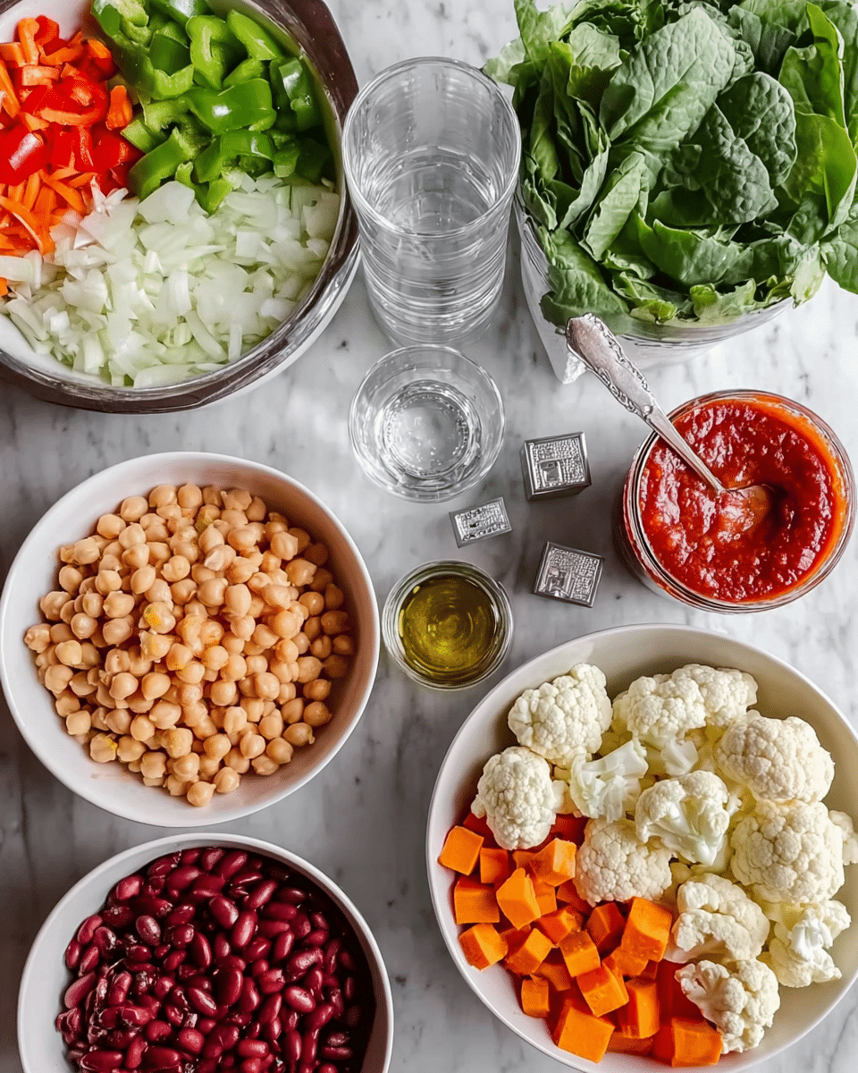 The image shows several white bowls and small dishes arranged on a white marbled surface. One large bowl has chopped green bell peppers, chopped white onions, and chopped orange carrots layered inside. Another large bowl holds fresh leafy greens. A third large bowl contains raw cauliflower florets and diced orange sweet potatoes. There is a fourth large bowl filled halfway with red kidney beans and chickpeas side by side. Small bowls contain minced garlic, olive oil, and a mix of salt and pepper. In the middle of the image, there is a tall glass of water and an open can of tomato sauce. Two silver bouillon cubes are placed near the center. The colors are fresh and bright with natural light. photo taken with an iphone --ar 4:5 --v 7