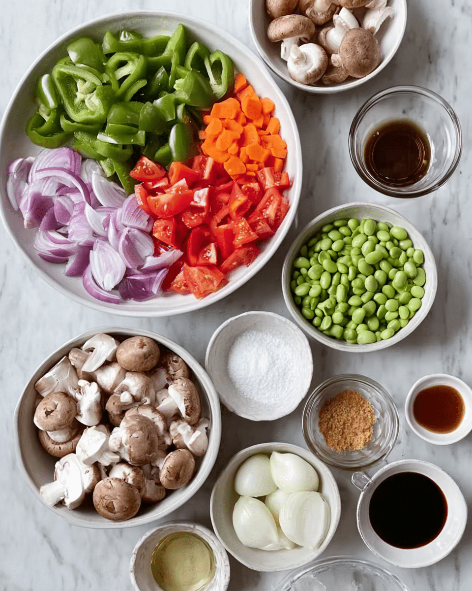 The image shows several white bowls arranged on a white marbled surface. One large white bowl contains chopped green bell peppers, red tomatoes, purple onions, and sliced orange carrots, each placed in sections making four colorful layers. Another white bowl is filled with green peas, and a third white bowl holds sliced brown and white mushrooms with a firm texture. Smaller white bowls hold white powdery salt, peeled whole white garlic cloves, light brown minced ginger, finely chopped white garlic, dark brown sauce, fine brown sugar, and clear water. The ingredients are neatly placed and the colors are vivid and fresh. photo taken with an iphone --ar 4:5 --v 7