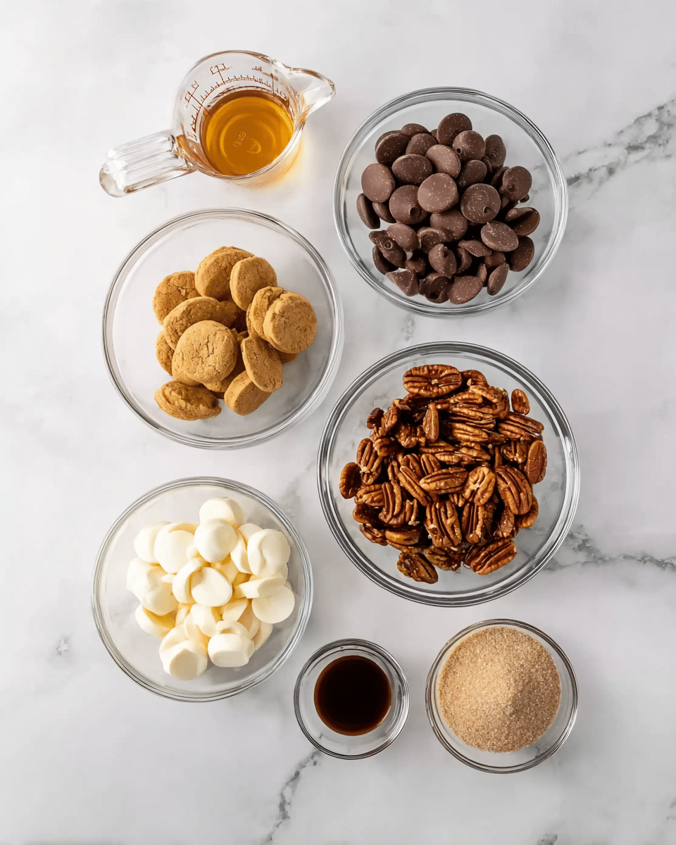 The image shows six clear glass bowls placed on a white marbled surface. In the top right, a bowl is filled with round dark brown chocolate pieces. In the top left, a small glass measuring cup holds a small amount of clear liquid. Below the measuring cup, there is a bowl with orange round crackers. In the bottom left, a bowl is filled with round white chocolate pieces. A bowl of pecan nuts is in the middle right, showing rich brown nuts with a textured surface. Below that, on the bottom right, there is a small bowl with dark brown liquid, likely vanilla extract. Lastly, in the bottom center, a bowl contains light brown sugar with a dry, crumbly texture. All bowls are evenly spaced on the surface. Photo taken with an iphone --ar 4:5 --v 7