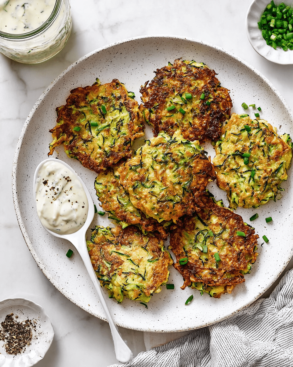 The image shows six golden-brown zucchini fritters arranged on a large white speckled plate. Each fritter has a crispy, textured surface with visible green zucchini shreds and browned edges. Small pieces of chopped fresh chives are sprinkled over the fritters and plate. A white ceramic spoon rests on the plate's edge, holding a dollop of creamy white sauce speckled with black pepper and chives. In the background, there is a glass jar with the same creamy sauce, a small white dish with pepper, and another white dish with chopped chives. The setting is on a white marbled surface with a grey and white striped cloth partially visible. photo taken with an iphone --ar 4:5 --v 7