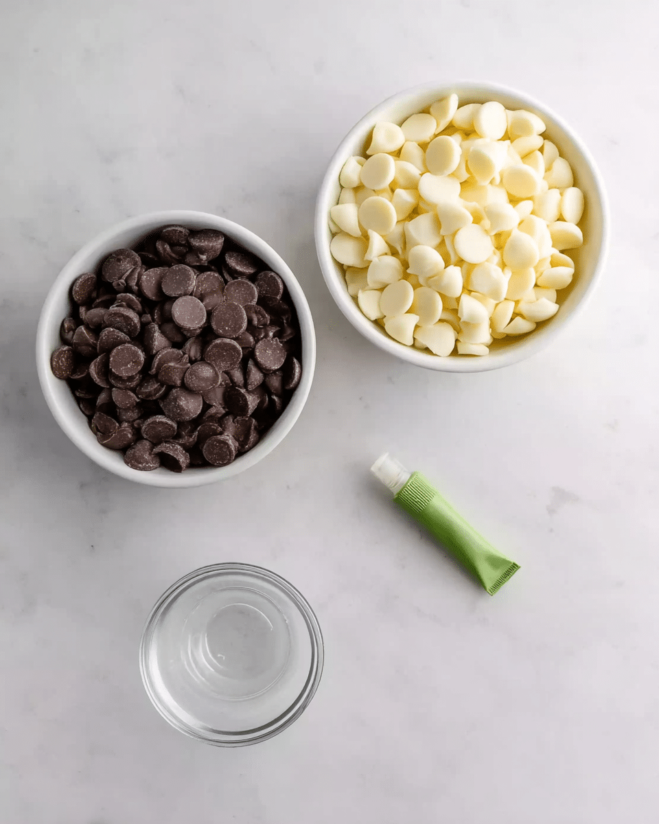 The image shows three small white bowls on a white marbled surface. The top left bowl is filled with dark chocolate chips, round and slightly shiny with a smooth texture. The top right bowl contains white chocolate chips, similar in shape but with a creamy off-white color and a smooth finish. Below these bowls is a small empty white bowl with a clear appearance. Next to the small empty bowl is a small tube with green and white stripes, lying flat on the surface. photo taken with an iphone --ar 4:5 --v 7