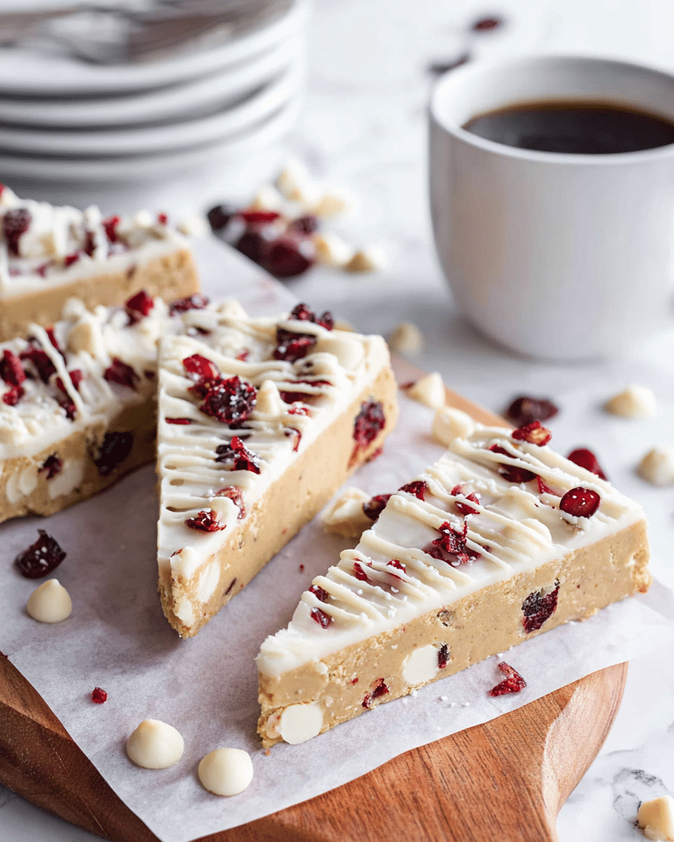 The image shows three triangular bars arranged on white parchment paper over a wooden board. Each bar has two visible layers: a thick bottom layer that is light tan with white chips and dried red cranberries inside, and a smooth white top layer sprinkled with small pieces of dried red cranberries and thin white chocolate drizzle. Around the bars, some white chips and dried cranberries are scattered on the white marbled surface. In the background, there is a white cup filled with dark coffee and some stacked white plates. The scene is bright and clean with a cozy feel. photo taken with an iphone --ar 4:5 --v 7