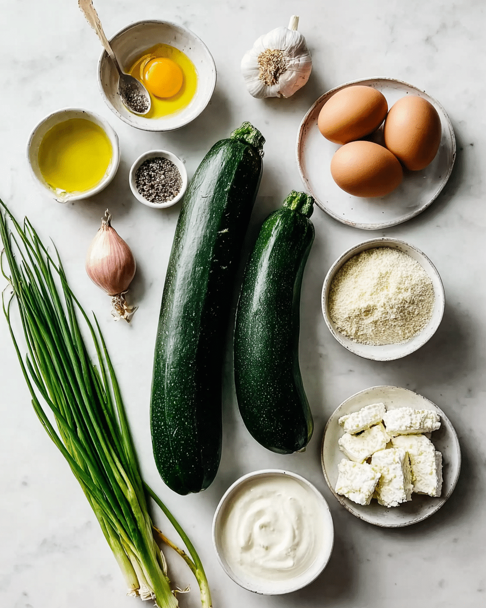 The image shows two dark green zucchinis placed in the middle on a white marbled surface. Around them, there are several small white bowls and plates: one holds two brown eggs, another has yellow oil with a spoon inside, a small bowl with a mix of salt and pepper, a bowl filled with grated cheese, and a bowl of white cream. On the marble near the zucchinis, there is a bunch of green chives, one shallot with light purple skin, and a garlic bulb. All the items are spread evenly, with a clean and bright look. photo taken with an iphone --ar 4:5 --v 7