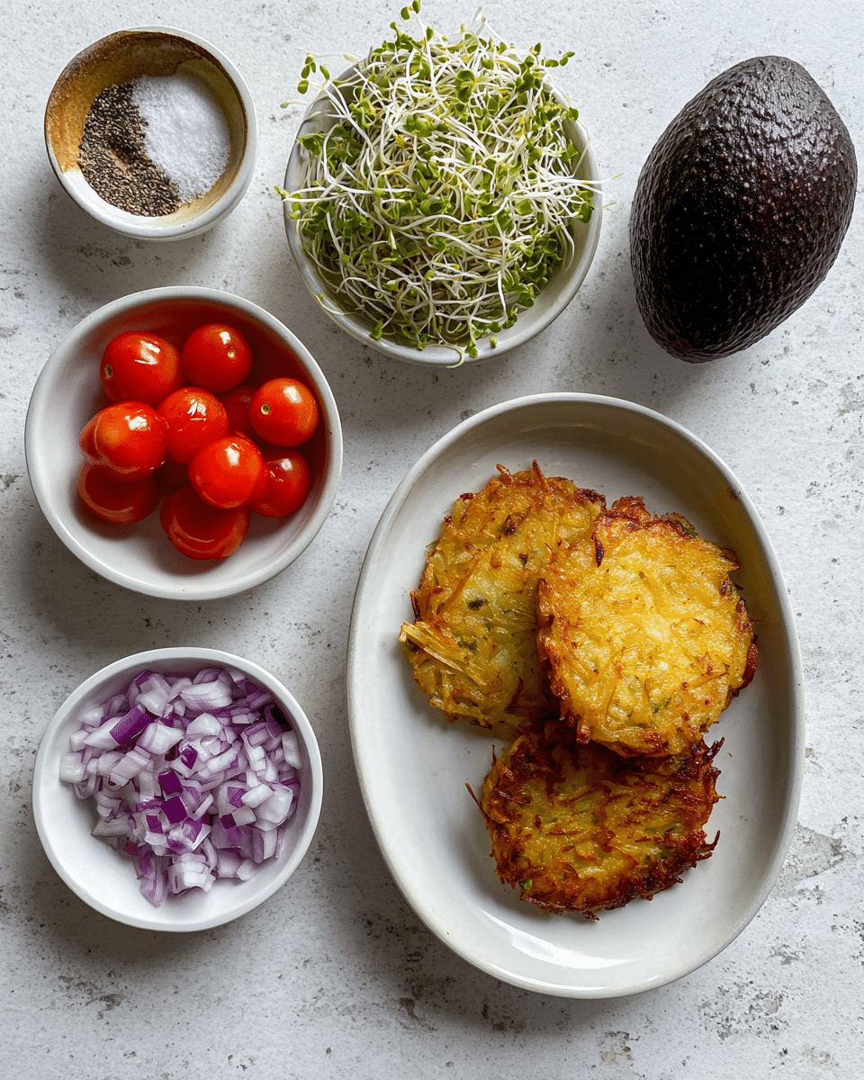 The image shows two golden brown hash browns on a white oval plate at the bottom right. Around the plate, there are small white bowls containing bright red cherry tomatoes — some whole, some cut in half — at the bottom left, finely chopped purple onions in the middle left, green sprouts mixed with some tiny dark bits in the top left, and coarse white salt and black pepper in the middle right. A whole dark green avocado is placed at the top right on a white marbled background. The lighting is soft, showing the texture of each ingredient clearly. photo taken with an iphone --ar 4:5 --v 7
