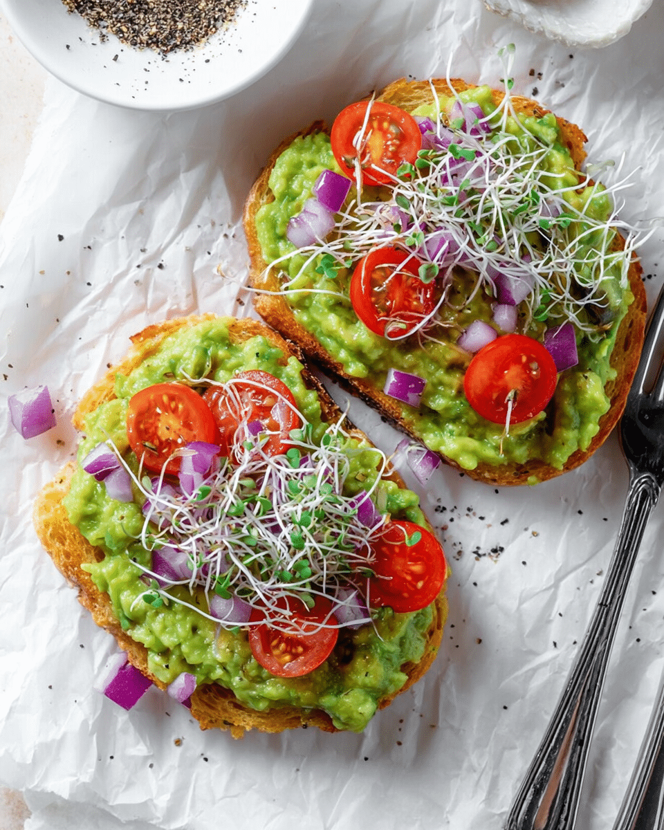 The image shows two pieces of golden brown toast placed on white parchment paper over a white marbled surface. Each toast slice is topped with a thick, uneven layer of bright green smashed avocado. On top of the avocado, there are small diced pieces of purple-red onion scattered, along with a few cherry tomato halves of bright red color. Thin, delicate white sprouts are spread over the tomatoes and onions. The toast is sprinkled lightly with coarse black pepper. To the right side, there is a silver fork and knife resting on the white marbled surface, and a partial view of a white bowl with black pepper is visible. photo taken with an iphone --ar 4:5 --v 7
