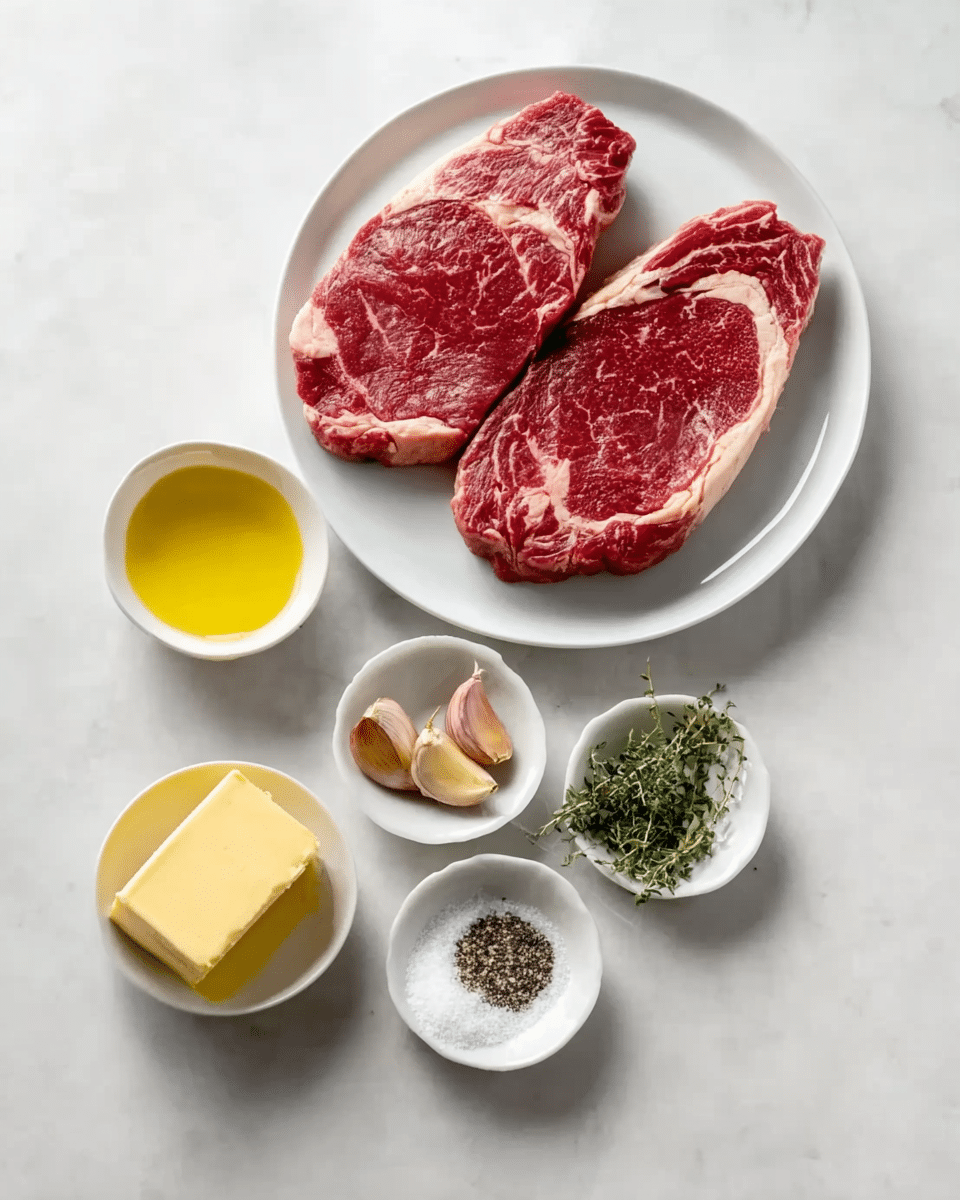 The image shows two raw red steaks with white fat marbling placed on a white plate in the center top area. Below them, five small white bowls are arranged on a white marbled surface. The first bowl on the left holds yellow olive oil, two brown garlic cloves, and some green herbs. The second bowl contains a light yellow square of butter. The third bowl has white coarse salt. The fourth bowl holds black ground pepper. The background is a clean white marbled texture with soft natural lighting. Photo taken with an iphone --ar 4:5 --v 7