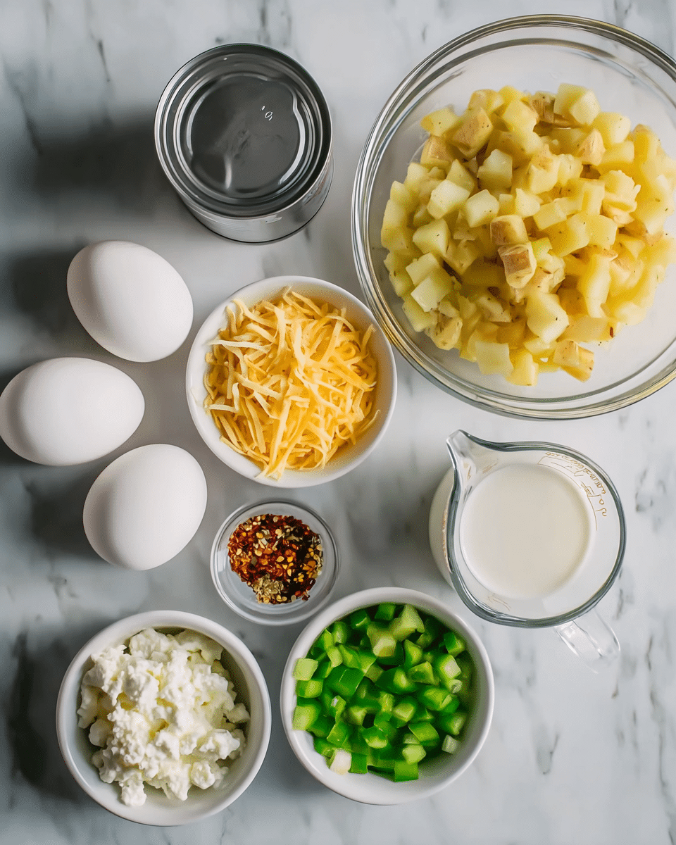 The image shows various ingredients arranged on a white marbled surface. There are four white eggs placed together on the left side. Near them is a silver can lying on its side. Above the eggs is a large clear glass bowl filled with small yellow potato pieces. To the right of the potatoes is a glass measuring cup with a white liquid. Below the measuring cup are four smaller white bowls placed in a rough square. The top bowl holds shredded yellow cheese, the right bowl contains chopped white onions, the bottom bowl has white cottage cheese with a lumpy texture, and the left bowl contains diced green bell peppers. In the center of these four small bowls is a miniature bowl with a mix of red and green spices. All elements sit clearly on the white marbled surface, and the photo taken with an iphone --ar 4:5 --v 7