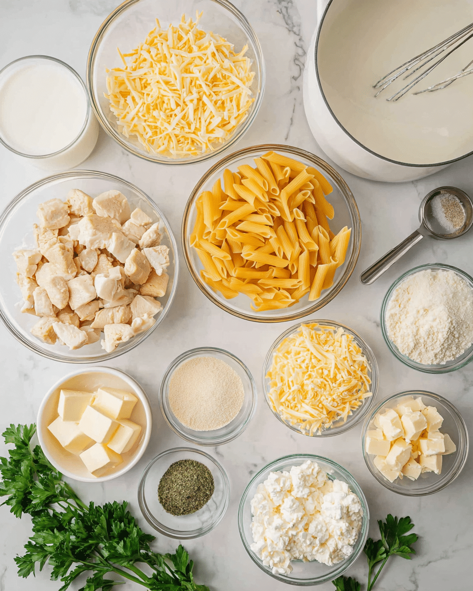 The image shows various ingredients neatly placed on a white marbled surface. There are clear glass bowls filled with cooked cubed chicken, yellow dry penne pasta, shredded white and yellow cheeses, and a bowl with a creamy white liquid. Smaller bowls contain butter chunks, white powder (flour), cream cheese, and grated cheese in a metal measuring cup. Additional small bowls hold salt, minced garlic, a light beige powder, and granulated seasoning. Fresh green parsley sprigs are placed at the corners, and a large white mixing bowl with a whisk is partly visible at the top right. The arrangement is clean and organized, highlighting the ingredients before cooking. photo taken with an iphone --ar 4:5 --v 7