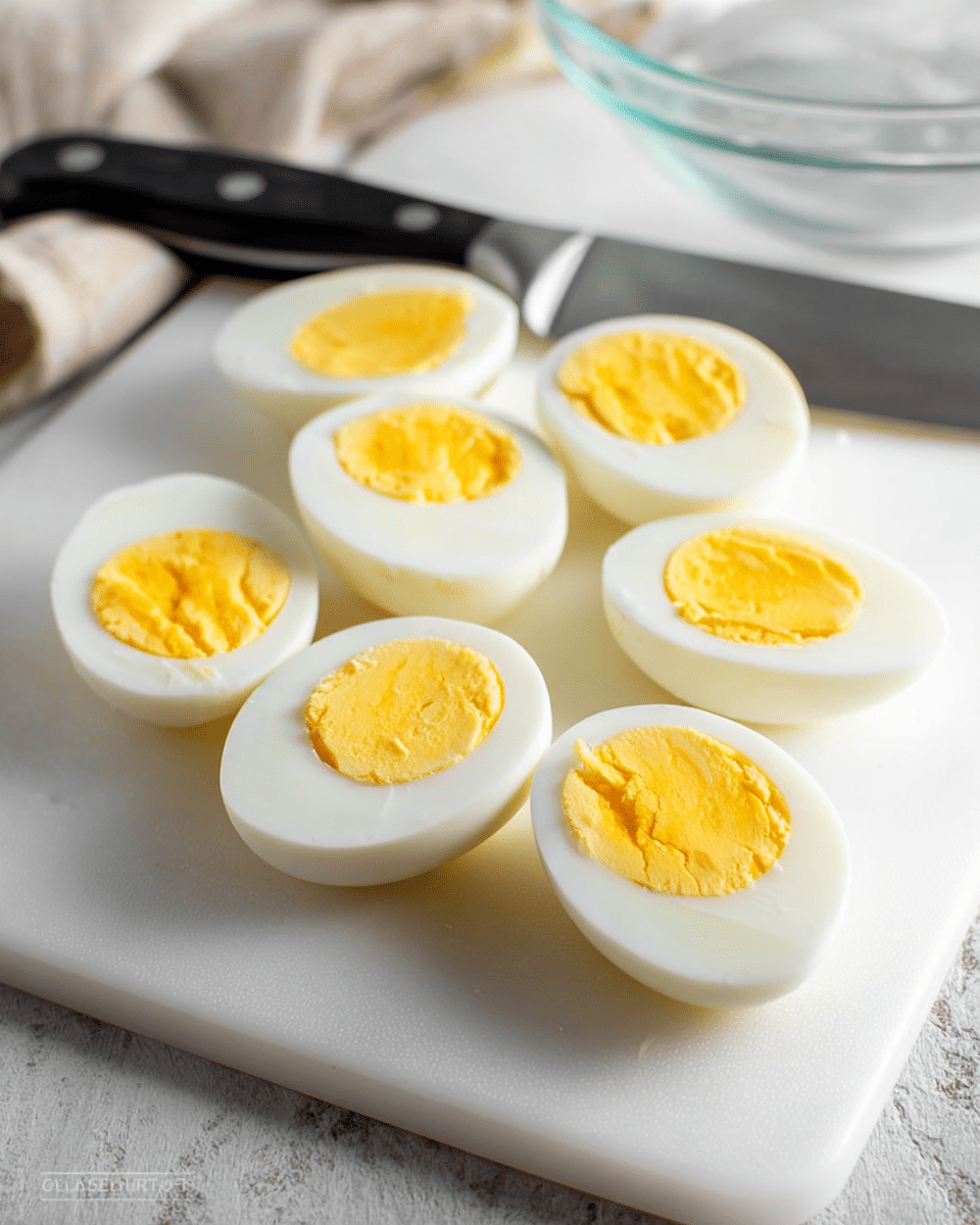 There are seven halves of hard-boiled eggs arranged closely on a white chopping board. Each egg half shows a smooth white outer layer and a bright yellow yolk center with a soft texture. A large knife with a black handle lies behind the eggs, resting on the board. There is a clear glass bowl partially visible in the background, and the whole scene sits on a white marbled surface. The light is soft, and the focus is sharp on the eggs in the front photo taken with an iphone --ar 4:5 --v 7