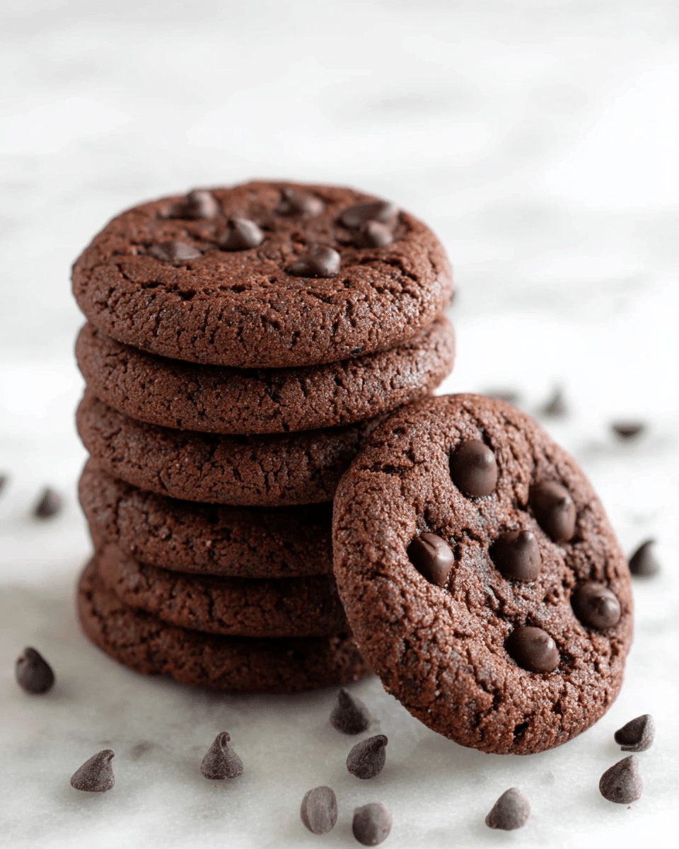 There is one chocolate cookie lying flat on a white marbled surface, covered with scattered dark chocolate chips around it. Behind this cookie, there is a neat stack of five similar chocolate cookies, each dense and slightly cracked with visible dark chocolate chips embedded on top. The cookies have a rich brown color with a soft, slightly textured surface. The background is a clean white marbled texture. photo taken with an iphone --ar 4:5 --v 7