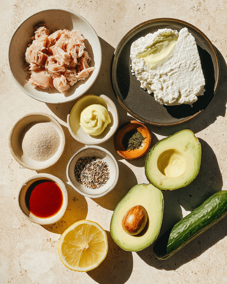 This image shows a top view of various ingredients arranged on a light beige stone surface with bright sunlight and shadows. At the top right is a dark round plate holding a large white textured layer of cottage cheese alongside a smooth pale yellow dollop of mayonnaise. To the left, a white bowl is filled with flaky chunks of light pink tuna. Several small ceramic bowls hold different seasoning layers: a beige powder, a red sauce, and a black, white, and orange seed mix. In the center bottom, there is a bright yellow lemon half showing its juicy segments. On both the left and right sides, two avocado halves show smooth green flesh; one has the brown seed while the other has an empty pit cavity. Finally, a dark green cucumber lies horizontally at the bottom right corner. The items create a natural, fresh, and colorful flat lay composition. Photo taken with an iphone --ar 4:5 --v 7