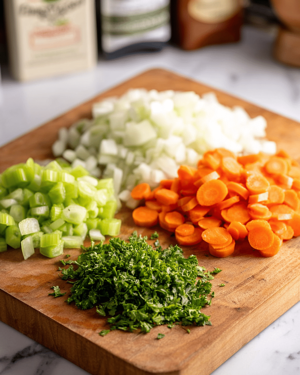 This image shows a wooden cutting board on a white marbled surface with four piles of chopped vegetables neatly arranged. At the back, there is a large mound of finely diced white onions. To the left, there are light green celery slices, cut into small crescent shapes. On the right side, bright orange carrot slices form a medium-sized pile, with round, smooth edges. In the front, there is a small heap of finely chopped fresh green parsley leaves. The background contains some blurred kitchen items. photo taken with an iphone --ar 4:5 --v 7