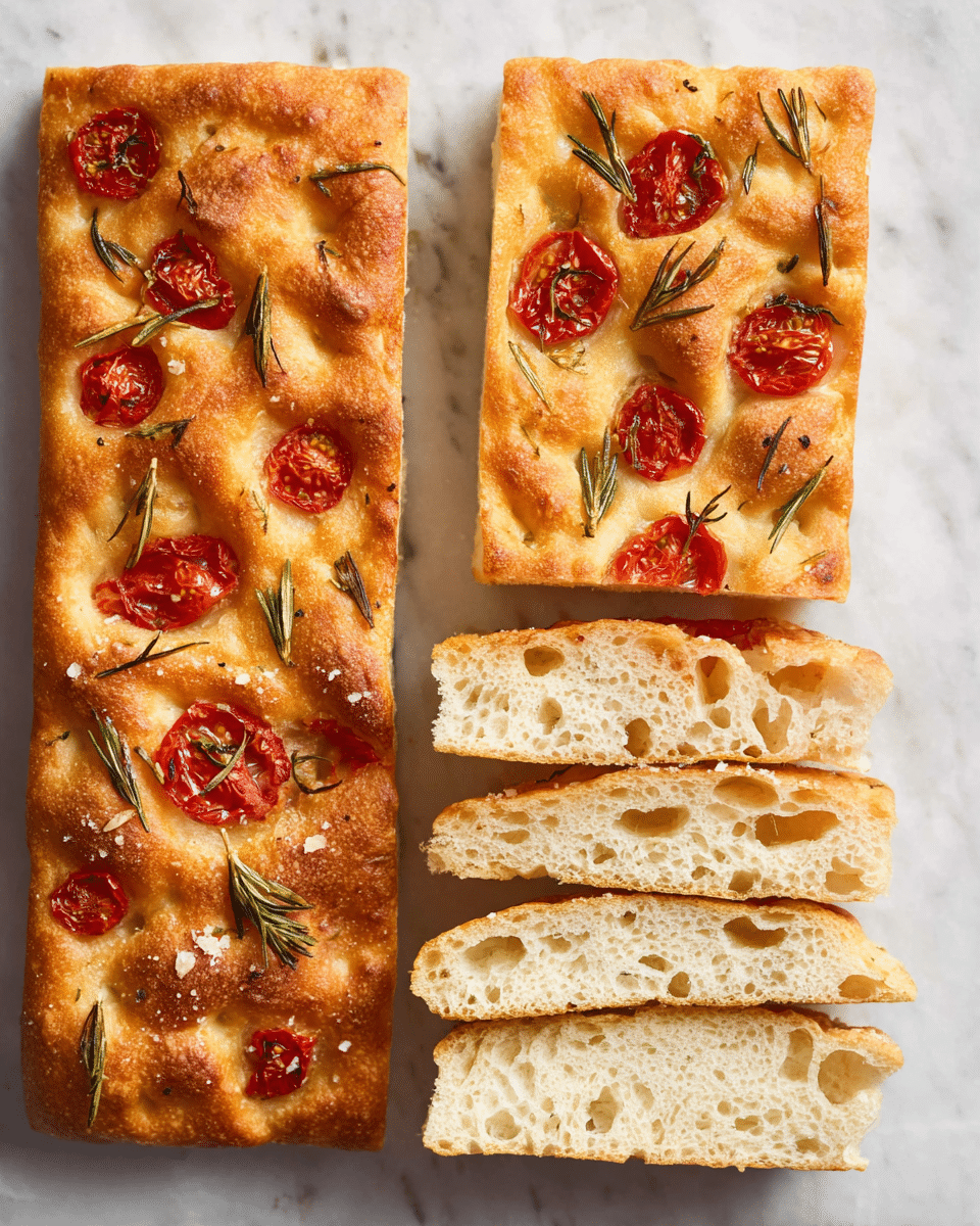 This image shows three long slices of focaccia bread arranged vertically on a white marbled surface. The first slice on the left has a golden-brown, uneven textured crust with charred spots, topped with small red cherry tomato halves and sprinkled with green rosemary leaves, garlic pieces, and coarse salt. The middle slice is thinner with the same golden crust, also decorated with halved cherry tomatoes and rosemary, while the slice on the right shows the bread's soft, airy inside with light holes and a pale beige crumb. photo taken with an iphone --ar 4:5 --v 7