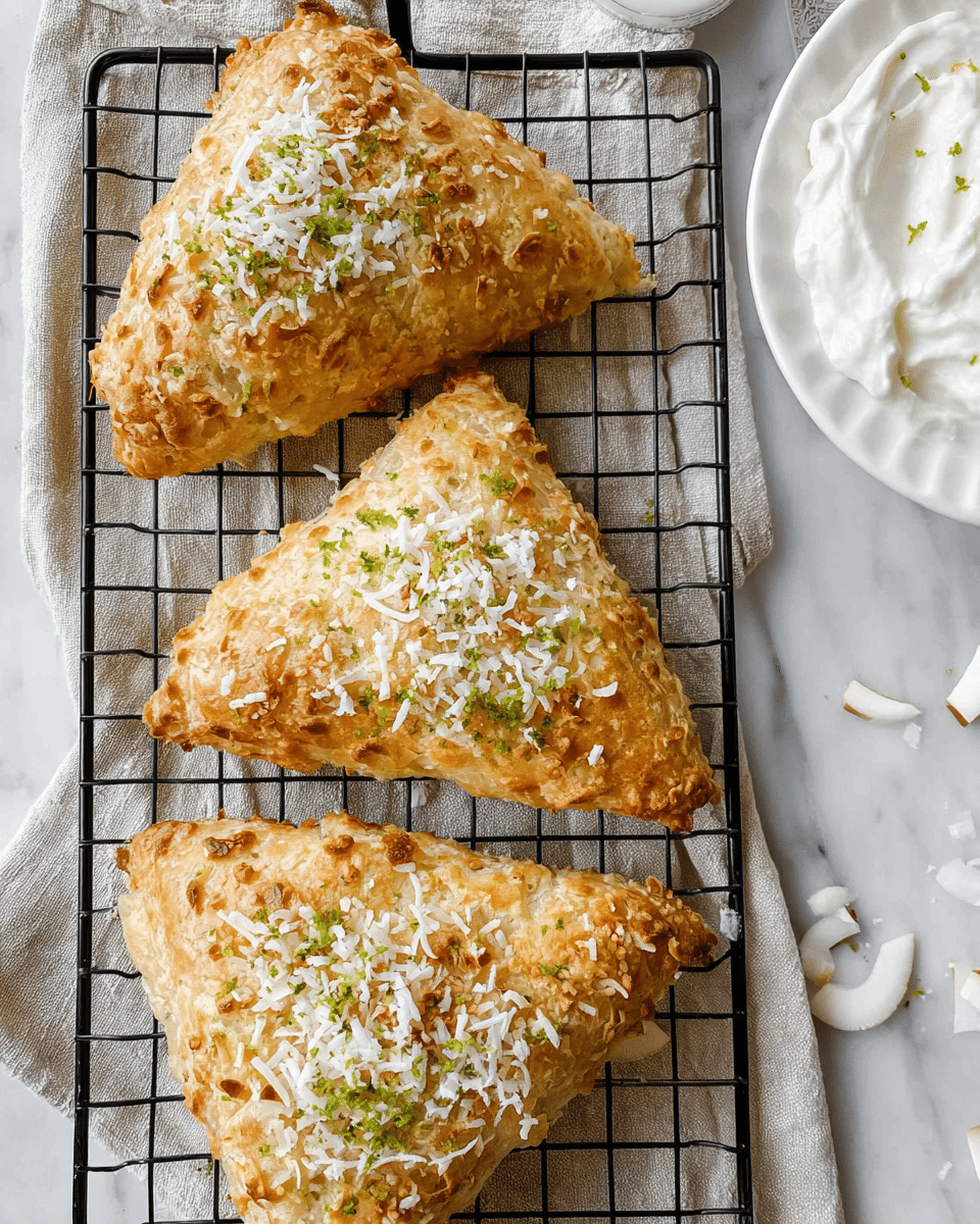 Three golden-brown triangular pastries rest on a black wire rack over a light beige cloth, each topped with shredded white coconut and small bits of green zest scattered evenly across the surface. The pastries have a slightly rough, flaky texture with small air pockets showing. To the right, part of a white plate with a scalloped edge is visible, holding white cream and pieces of coconut. The background features a white marbled texture. Photo taken with an iphone --ar 4:5 --v 7