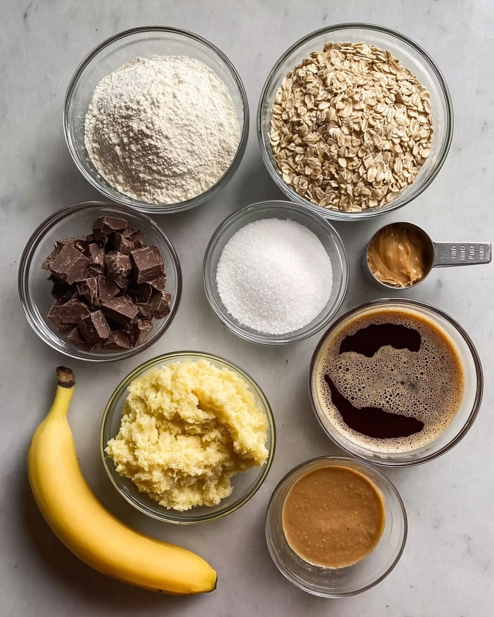 Seven clear glass bowls and one metal measuring cup are arranged on a white marbled surface. The top row has three bowls: one filled with white flour with a soft, powdery texture; one with light brown dry oats, dry and flaky; and one with white granulated sugar appearing fine and grainy. Below these are four smaller bowls and one measuring cup: on the left is a bowl with medium-sized chunks of dark chocolate, rough and uneven; next to it is a metal measuring cup with mashed yellow banana, smooth and creamy; to the right is a bowl with a lightly frothy mixture showing dark brown liquid with bubbles on top; next to it is a small bowl with light beige mixture of peanut butter and sugar, sticky and dense. A whole ripe banana lies at the bottom left corner, bright yellow with some brown spots. photo taken with an iphone --ar 4:5 --v 7