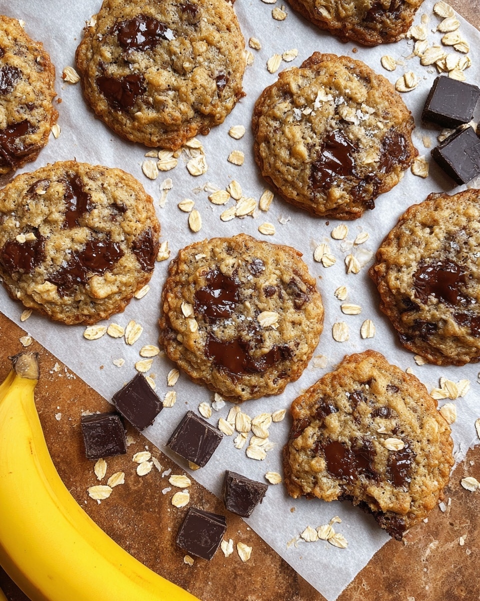 A group of golden brown oatmeal chocolate chip cookies is spread out on a white parchment sheet. Each cookie has a bumpy texture with visible rolled oats and melted dark chocolate chunks scattered throughout. The cookies have a slightly crispy edge with a softer center. A single cookie in the lower right corner is missing a small bite, showing the chewy inside. Around the cookies, some loose rolled oats and chunks of dark chocolate are scattered on a brown surface. A yellow banana is seen in the bottom left corner. The whole scene is set on a white marbled surface. photo taken with an iphone --ar 4:5 --v 7
