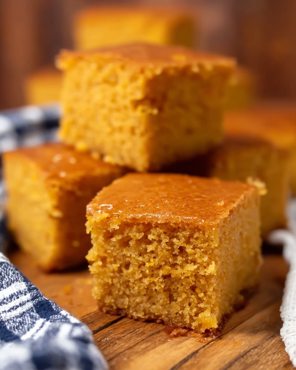 The image shows four square pieces of golden brown cornbread stacked loosely, with one piece in the front clearly showing a soft, crumbly texture and slightly shiny, smooth top layer. The cornbread pieces have rough, grainy sides with a moist interior. They rest on a wooden surface, accompanied by a white and blue cloth on the right side. The background is softly blurred with more cornbread in a pile, creating a warm, inviting look. photo taken with an iphone --ar 4:5 --v 7