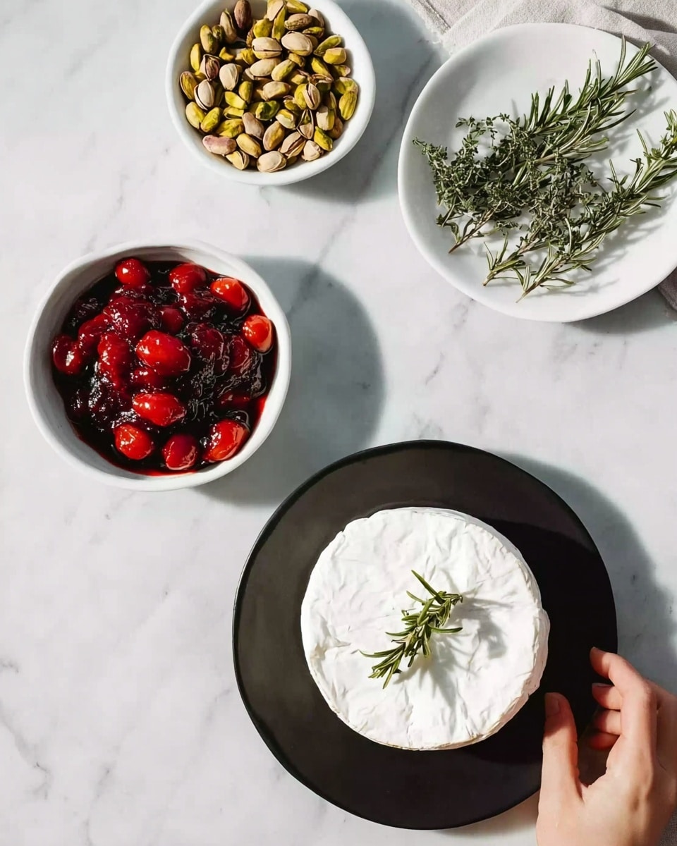 The image shows four items on a white marbled surface: a white bowl filled with greenish pistachio nuts, a white plate with a round wheel of soft white cheese with a smooth rind, another white bowl containing bright red cherry tomatoes or small fruit in a glossy dark red sauce, and a small black plate holding fresh green rosemary sprigs. A woman's hand is lifting the black plate from the surface. photo taken with an iphone --ar 4:5 --v 7