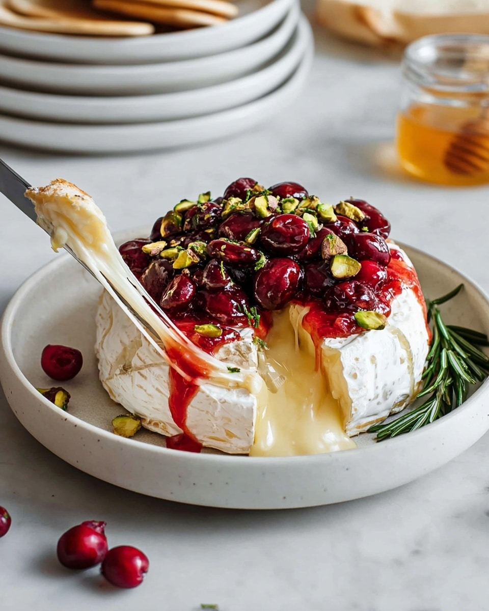 A round baked cheese wheel with a soft white rind sits in the center of a white bowl, oozing melted cheese from a cut exposing its creamy interior. On top, a thick layer of whole, dark red cooked cranberries and a drizzle of bright red sauce cascade slightly down the sides. Small, chopped green pistachios and fresh rosemary sprigs are sprinkled over the cranberries, adding texture and green color. The bowl is set on a white marbled surface, with a stack of white plates and a glass jar of honey blurred in the background. A silver knife lifts a gooey cheese stretch from the wheel, and a few rosemary sprigs and three fresh cranberries rest beside the cheese inside the bowl. photo taken with an iphone --ar 4:5 --v 7