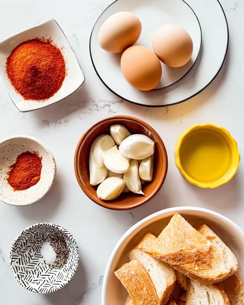 The image shows five raw eggs placed on a white plate with a thin black rim, arranged closely together. Nearby, there is a small white bowl filled with red paprika powder and another small yellow bowl containing a golden-yellow liquid, likely oil. Below these, a small round white bowl with a zigzag black pattern holds salt and black pepper. In the center, a small round brown earthenware bowl is filled with several peeled garlic cloves. To the right, a white bowl holds several pieces of sliced bread. All items are set on a white marbled surface. photo taken with an iphone --ar 4:5 --v 7