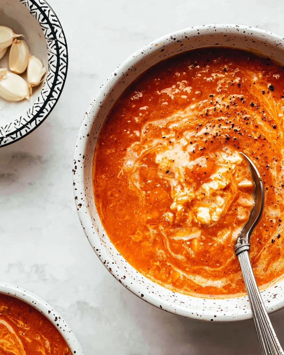 A close-up view of a bowl filled with a thick, orange-red soup that has visible swirls of white, soft textured pieces mixed throughout. The soup appears rich and slightly chunky, with black pepper sprinkled on top for a touch of contrast. A silver spoon is partially submerged, leaning against the inner edge of the white bowl with dark speckles. To the left, there is a small white bowl with a black zigzag pattern holding whole garlic cloves. The entire scene is set on a white marbled surface. Photo taken with an iphone --ar 4:5 --v 7