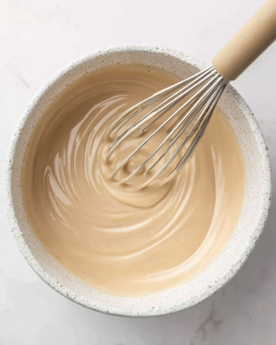 The image shows a close-up of a light beige creamy mixture with a smooth and thick texture in a white speckled bowl. A metal whisk with thin wires is partially dipped into the mixture, creating soft swirls and waves on the surface. The scene has a clean look with a white marbled surface underneath, adding brightness and simplicity. photo taken with an iphone --ar 4:5 --v 7
