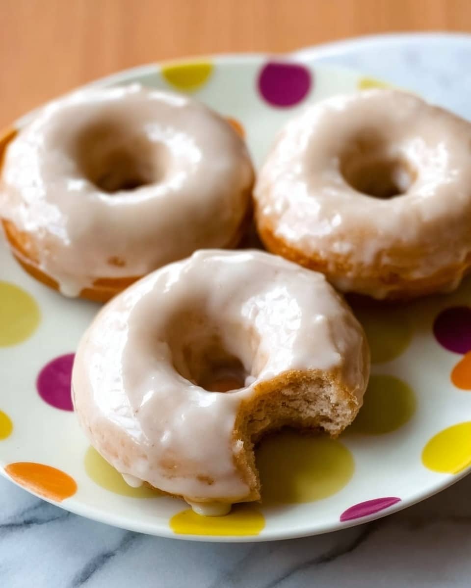 The image shows three round donuts on a white plate with colorful polka dots. Each donut is covered with a smooth, shiny white glaze that slightly drips down the sides. One donut is positioned in front with a bite taken out, revealing a soft, light brown inside. The plate sits on a white marbled surface, and the lighting highlights the glossy texture of the glaze and the soft crumb of the donuts. photo taken with an iphone --ar 4:5 --v 7