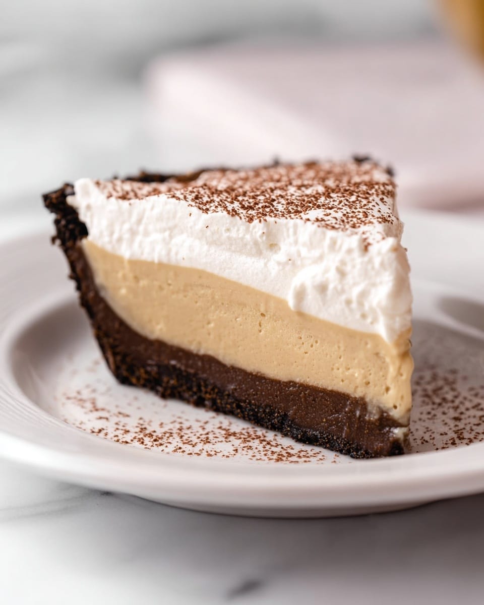 The image shows a slice of pie with three clear layers on a white plate. The bottom layer is a dark brown, crumbly crust that forms a thick base. The middle layer is a smooth, light tan filling that looks creamy and dense. The top layer is white whipped cream, evenly spread and dusted with a fine layer of chocolate powder. The white plate has a slightly raised edge and is placed on a white marbled surface. Photo taken with an iphone --ar 4:5 --v 7