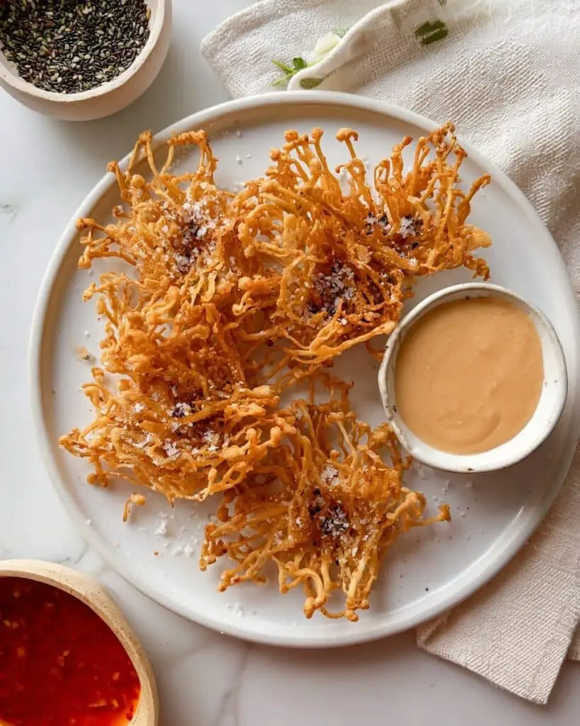 Crispy Fried Enoki Mushrooms with Spicy Dipping Sauces Recipe