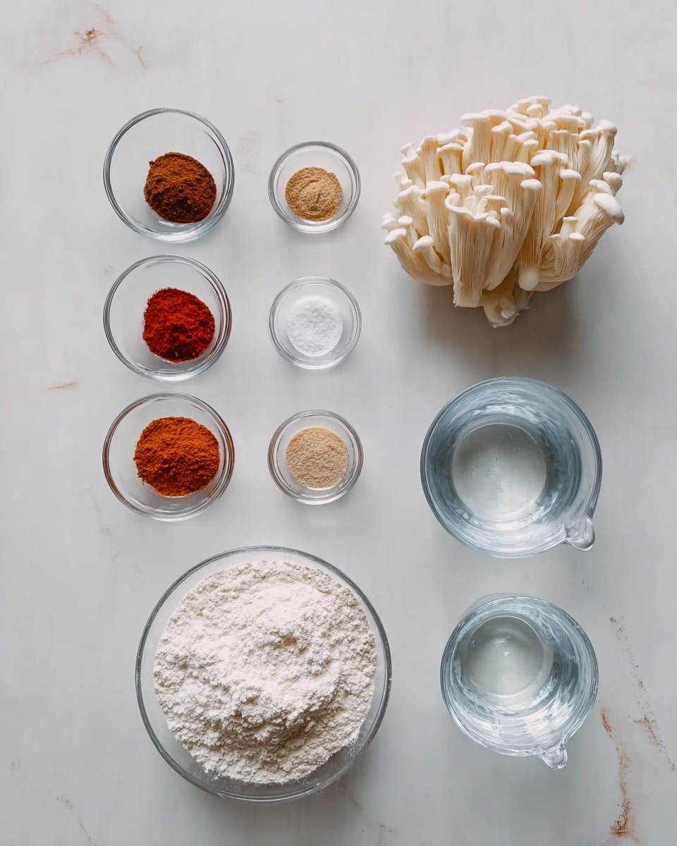 The image shows a white marbled surface with several small clear glass bowls arranged neatly in rows. The top row has three small bowls containing brown, dark orange, and red powders from left to right, followed by a large white mushroom cluster in a bigger clear glass bowl. The middle row has two small bowls with light brown and white powders from left to right. The bottom row has a medium clear glass bowl filled with white flour on the left, and a clear measuring cup filled with water on the right. Everything is placed with space between the bowls, showing the white marbled texture beneath. photo taken with an iphone --ar 4:5 --v 7