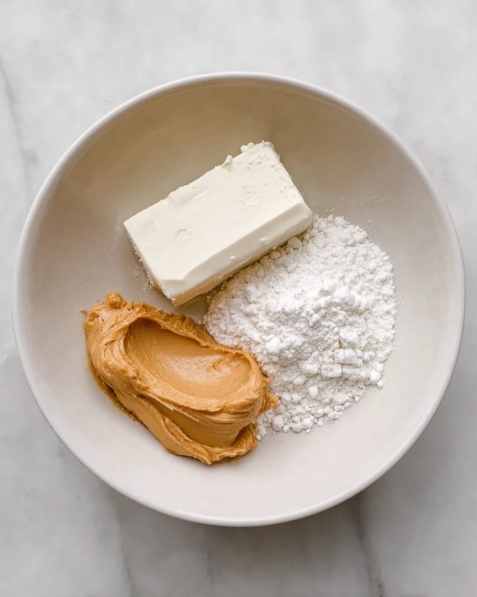A white bowl holds three ingredients placed separately inside: a block of cream cheese in a smooth, rectangular shape with a pale white color, a large dollop of light brown peanut butter with a creamy texture, and a heap of fine white powdered sugar with a soft, powdery look. The bowl is placed on a white marbled surface, creating a clean and simple kitchen scene. Photo taken with an iphone --ar 4:5 --v 7
