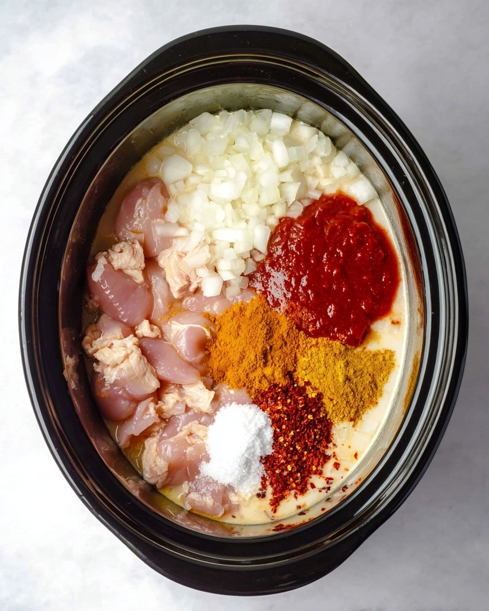 A black oval slow cooker is filled with a mix of ingredients layered separately. The bottom layer is a white liquid which covers raw light pink chicken pieces. On top, there are two piles of finely chopped white onions placed next to each other. Near the onions, there is a spoonful of bright red sauce with a slightly chunky texture. Beside the sauce, a heap of coarse white salt is visible. Below the salt and onions, there are two spices: one is a dark orange, fine powder, and the other is a brighter yellow-orange, also finely ground. Near the yellow-orange spice, there is a light, creamy paste with a slightly lumpy texture. A small amount of red crushed flakes is sprinkled between the salt and chicken pieces. The cooker rests on a white marbled surface. Photo taken with an iphone --ar 4:5 --v 7